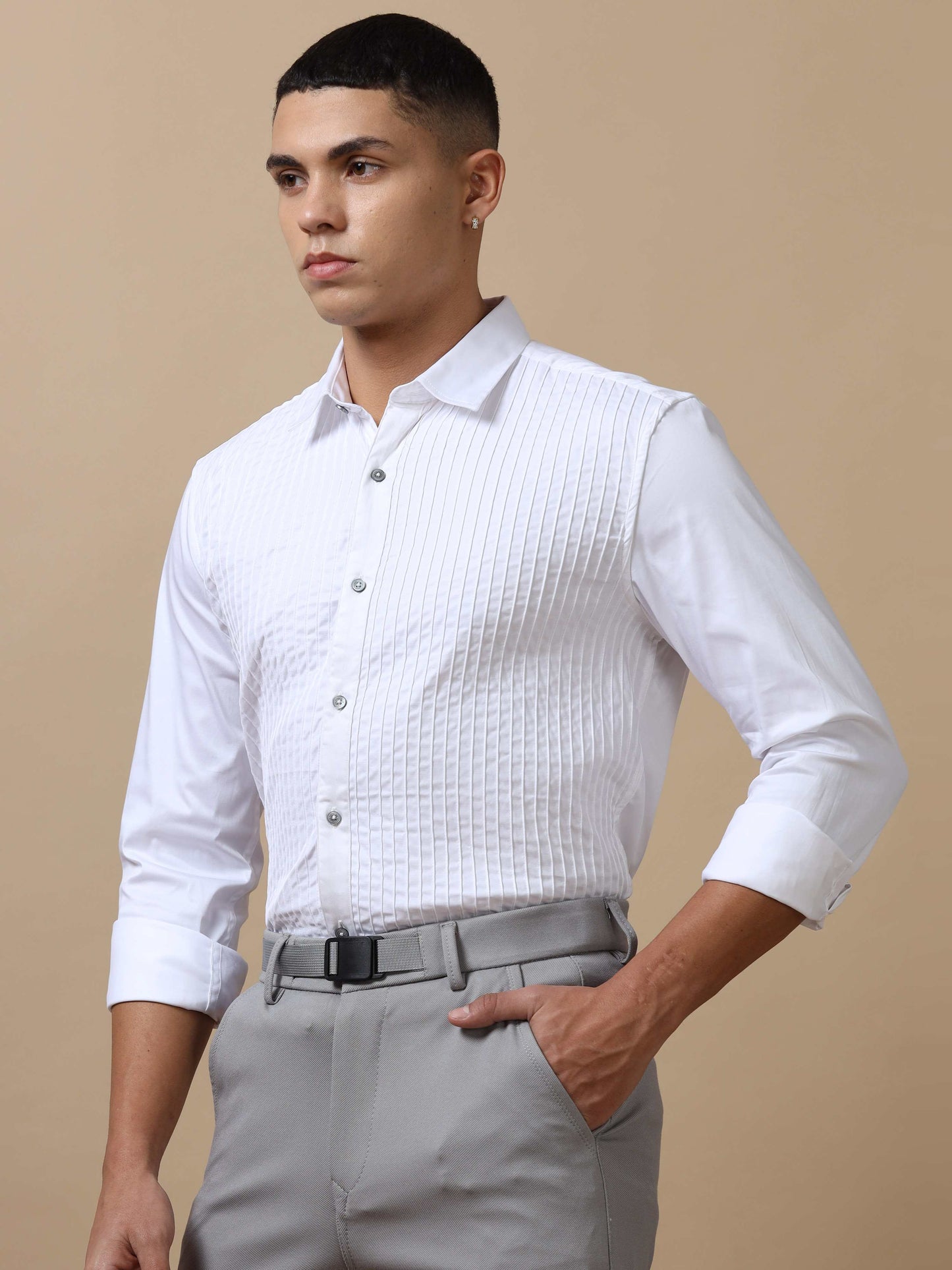 White Pleated Shirt for Men