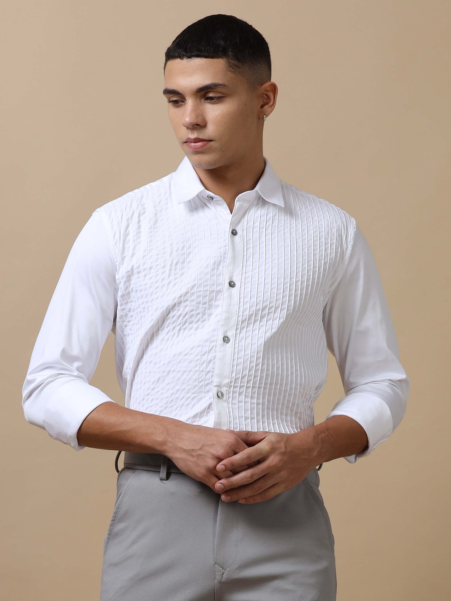 White Pleated Shirt for Men