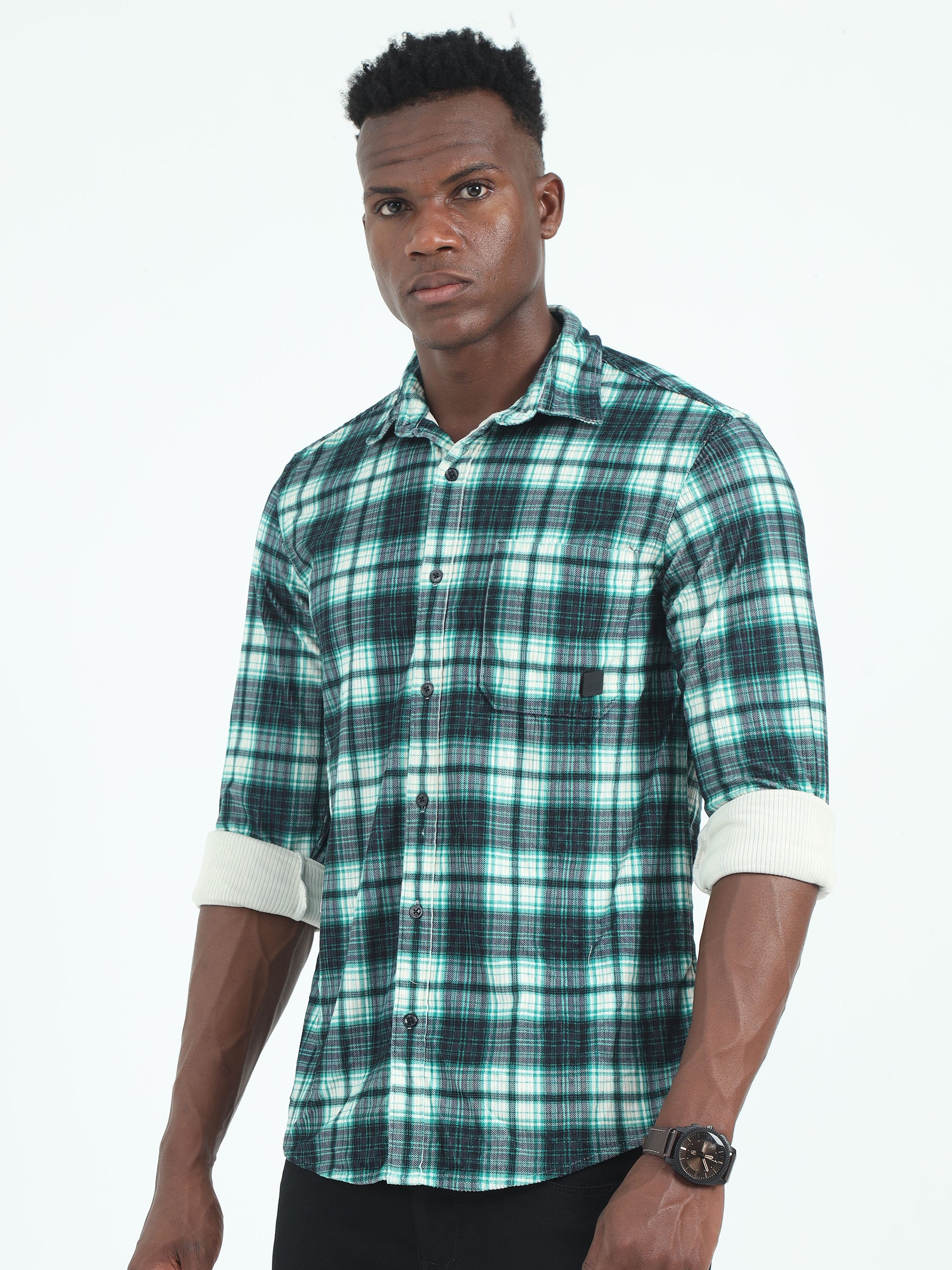 Trendy Green Corduroy cotton check shirt for men 