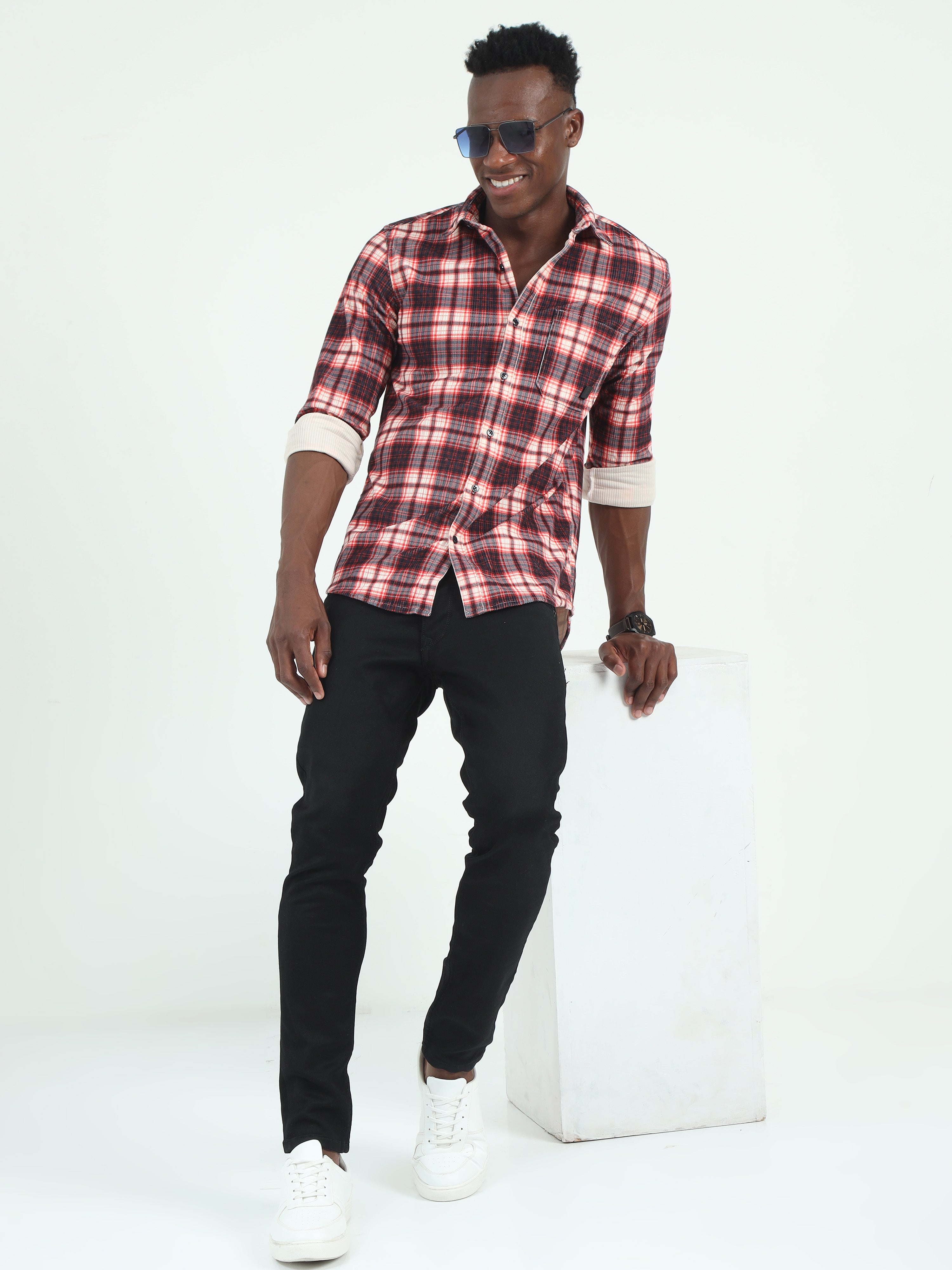 Shop Red Corduroy Casual check shirt for men Online