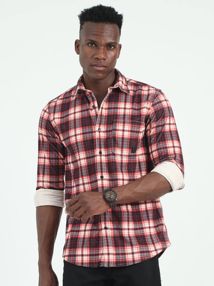  Red Corduroy Casual check shirt for men