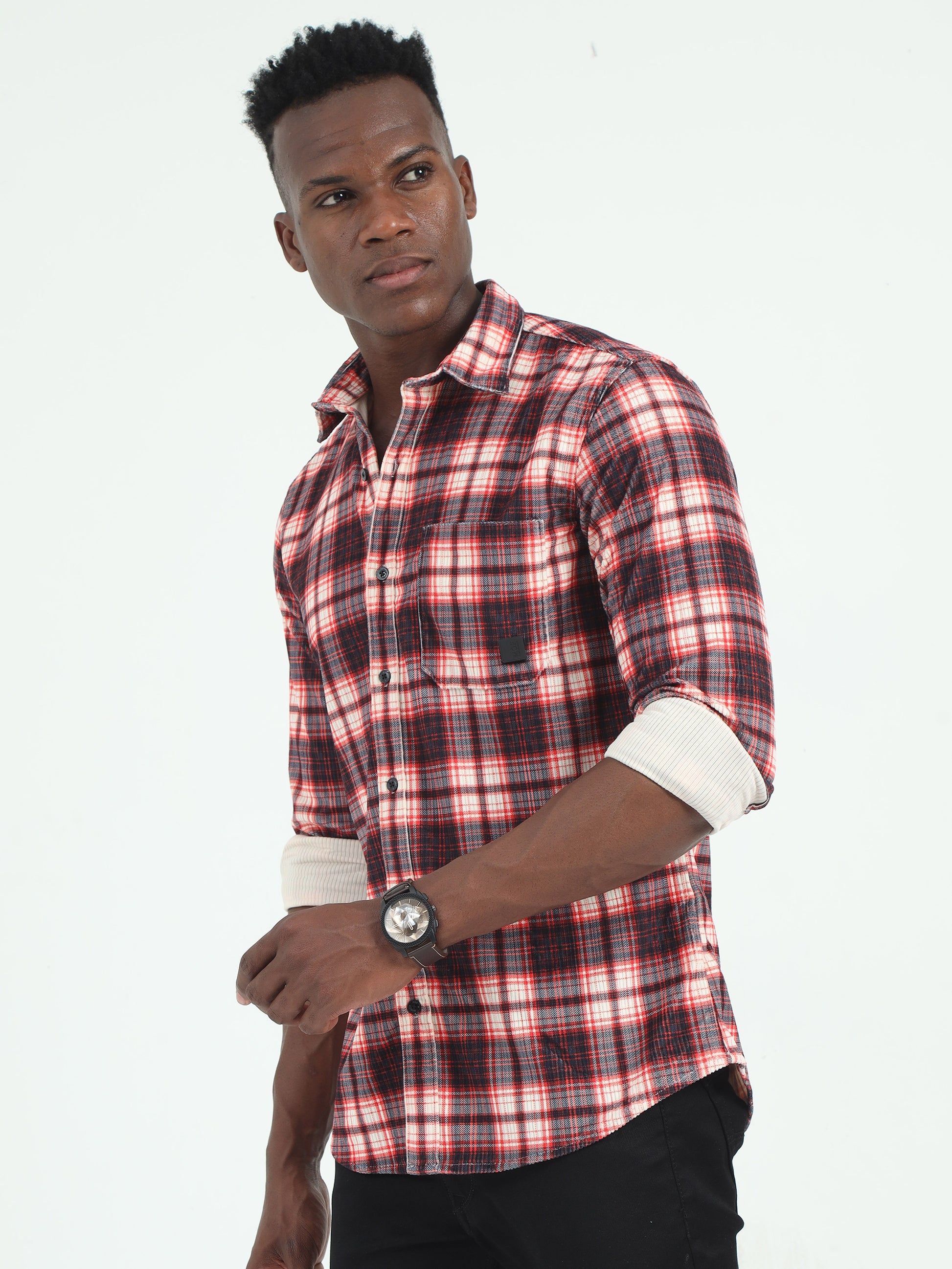  Red Corduroy Casual check shirt for men