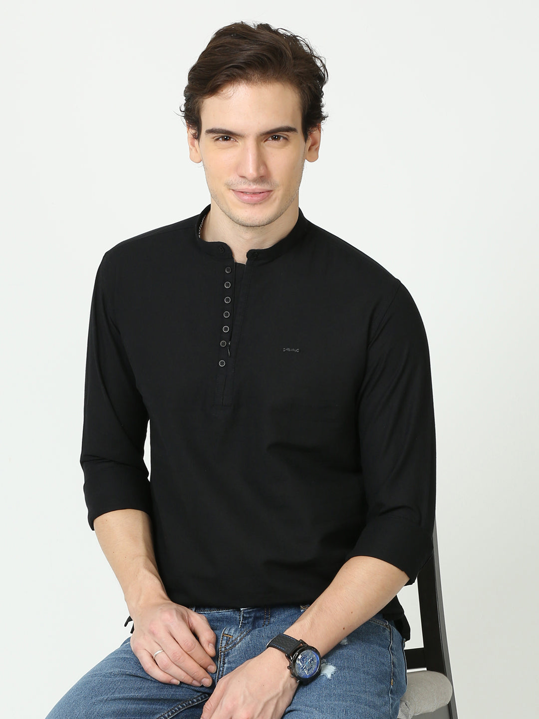 Plain Dobby Straight Black Kurta For Men