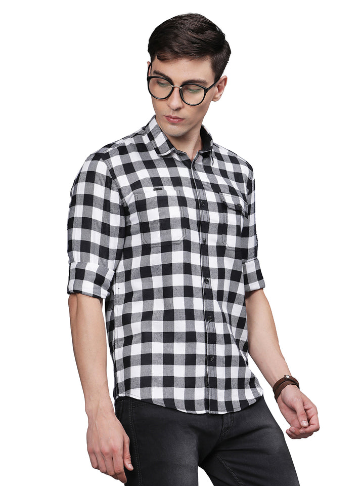  Black And White Double Pocket Check Shirts for Men