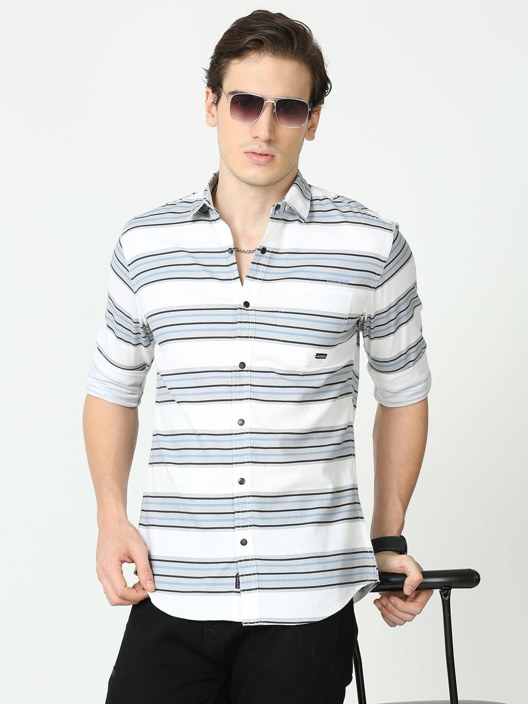 Milk White Horizontal Line Shirt Mens