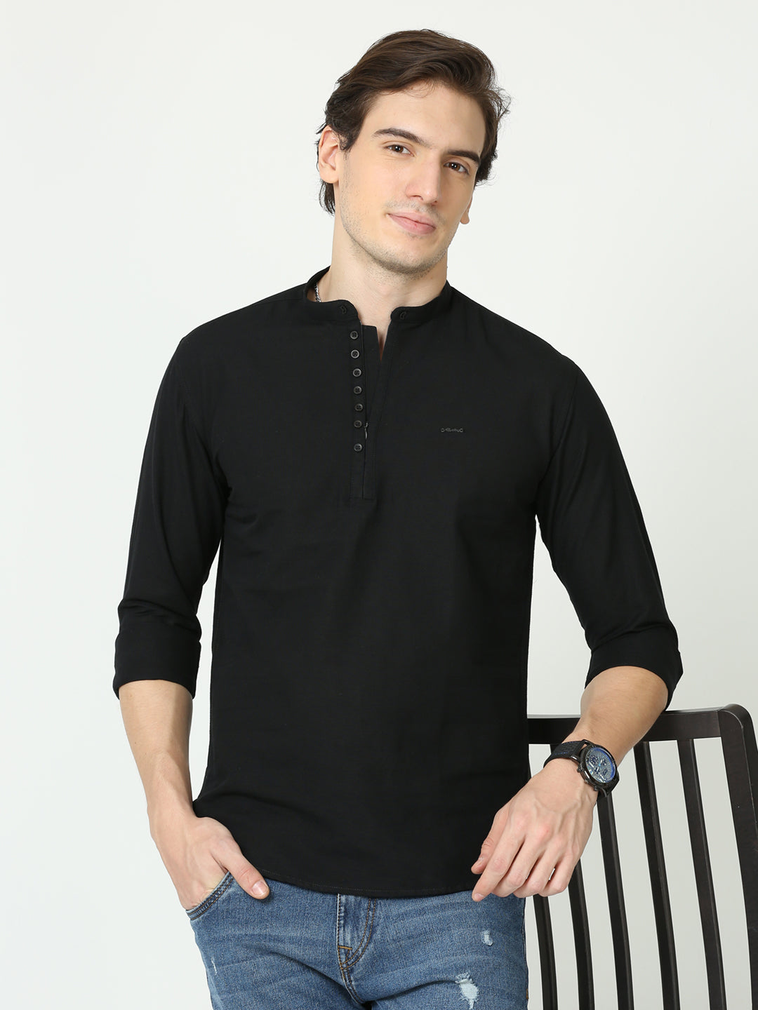 Plain Dobby Straight Black Kurta For Men