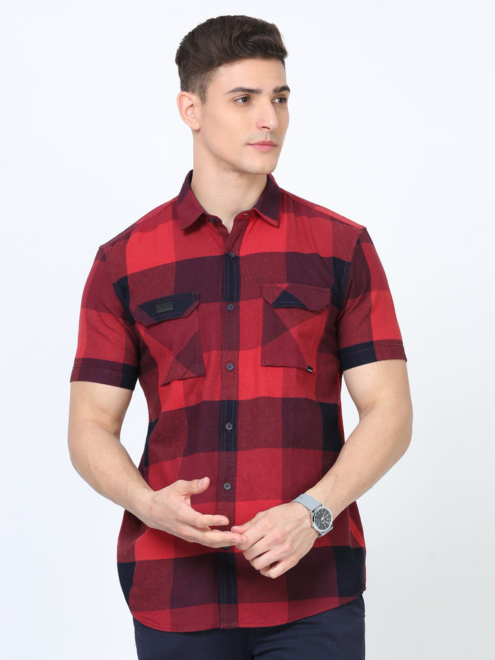  Twill Casual red check shirt  for men