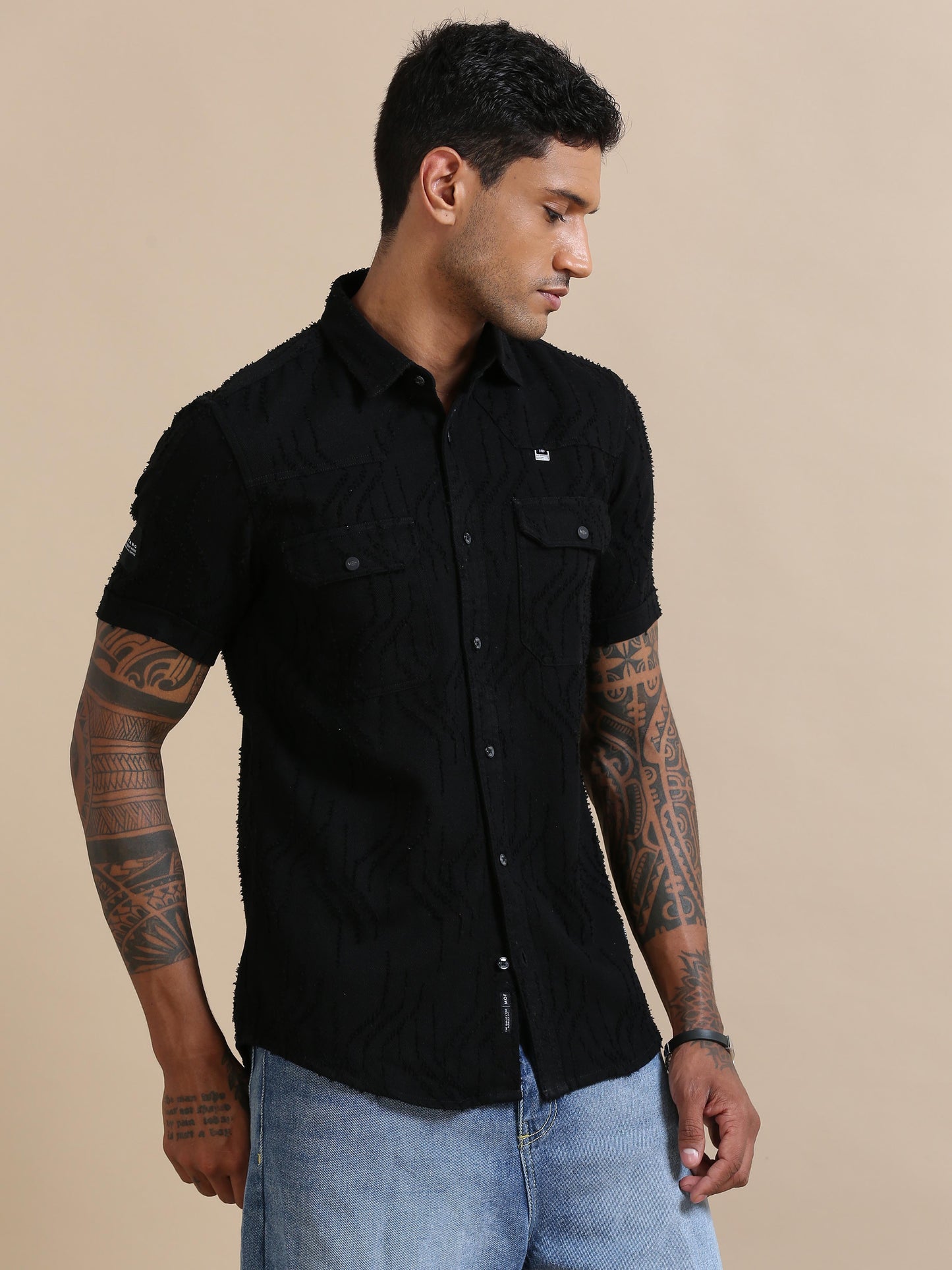 Enimverve Black Textured Shirt For Men 