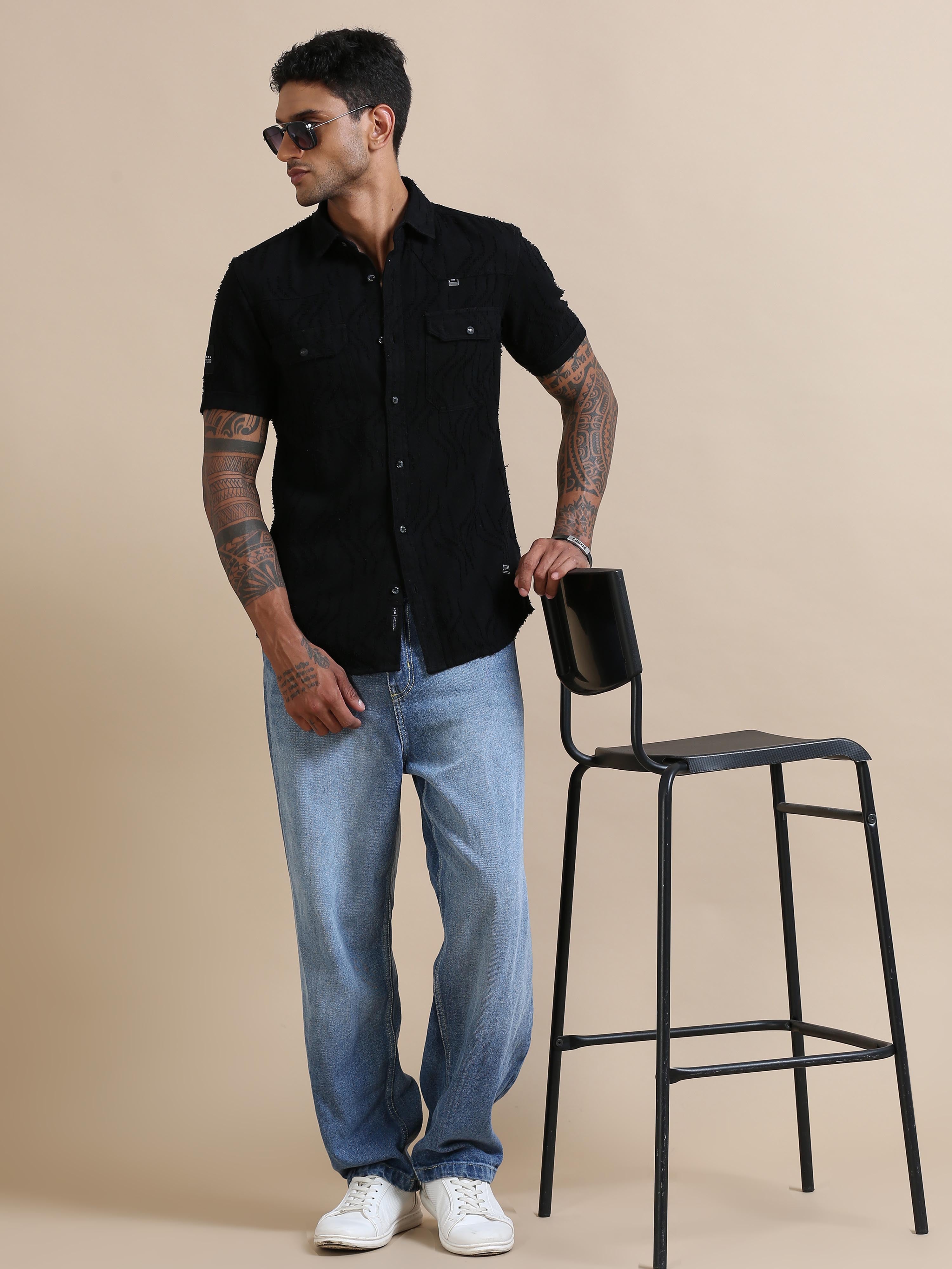 Boys Black Solid Denim Shirt