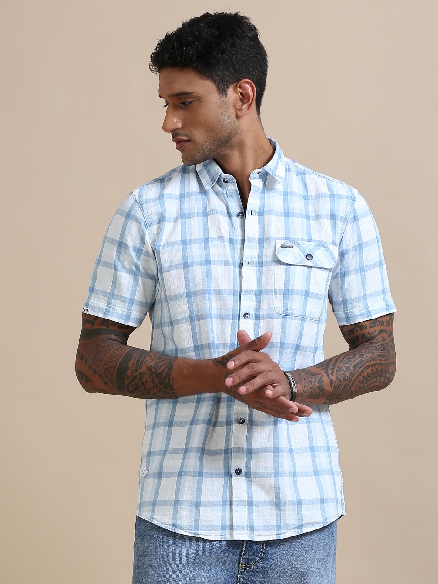 Cascade Blue White Check Shirt For Men 