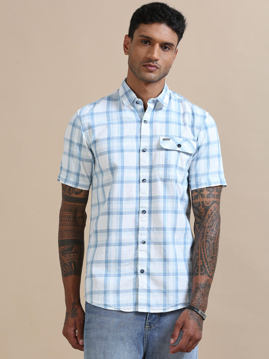 Cascade Blue White Check Shirt For Men 