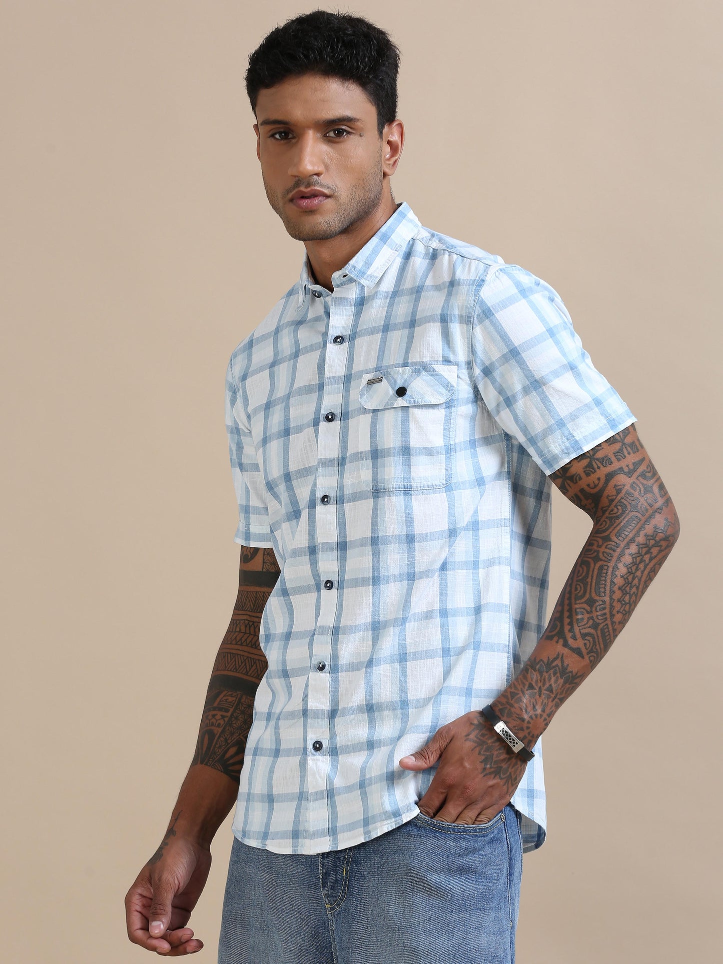 Cascade Blue White Check Shirt For Men 