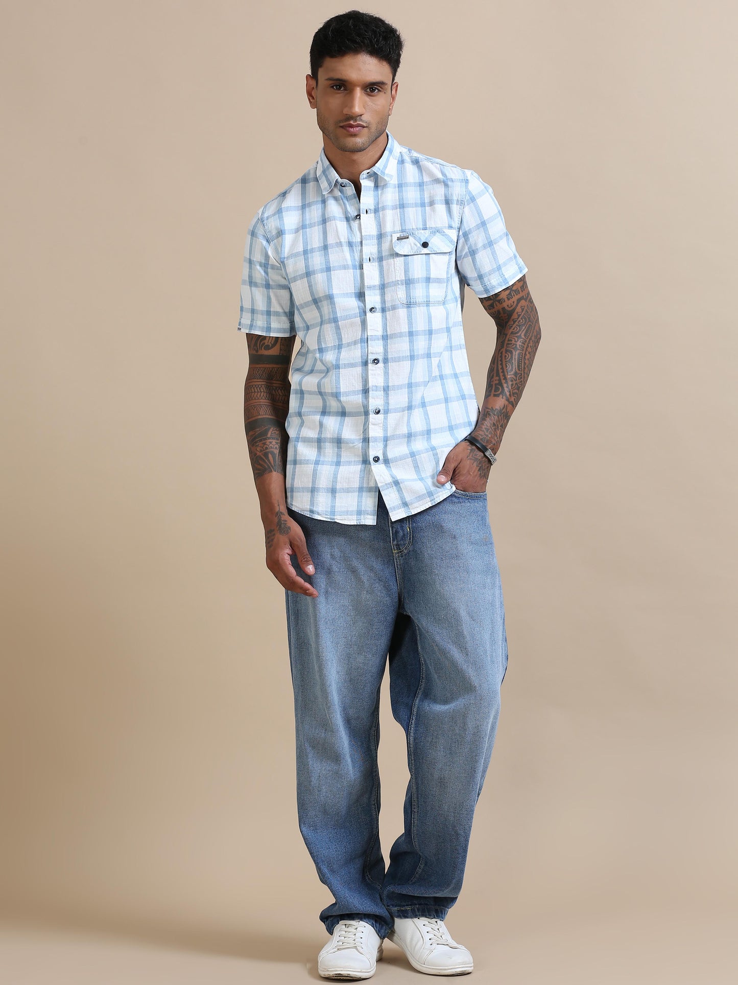 Cascade Blue White Check Shirt For Men 