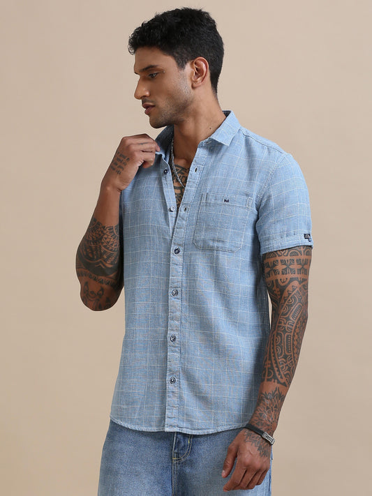 Tattersal Mens Light Blue Check Shirt