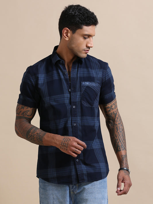 Lineage Blue And Black Check Shirt Half Sleeves for Men 