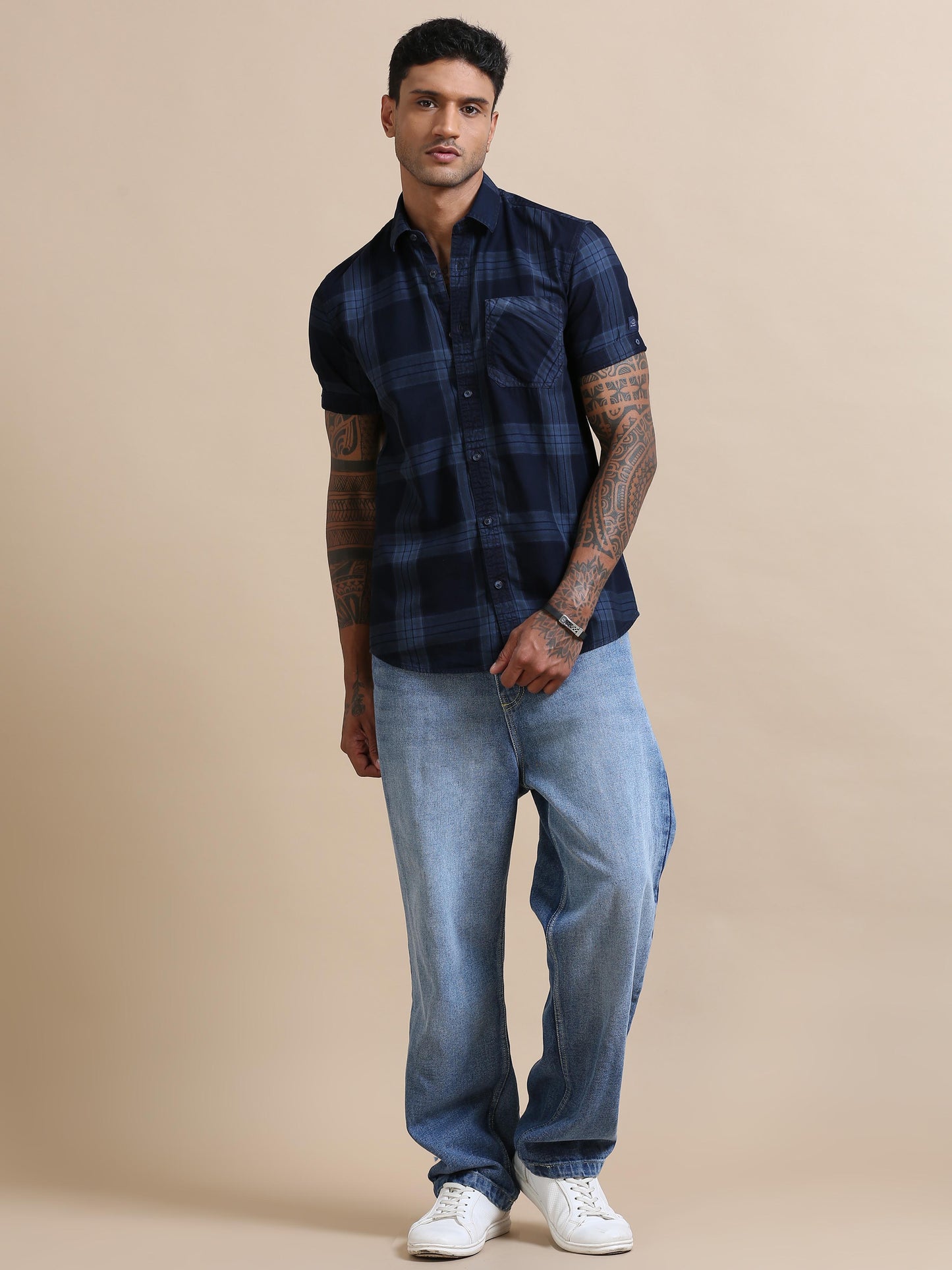 Lineage Blue And Black Check Shirt Half Sleeves for Men 