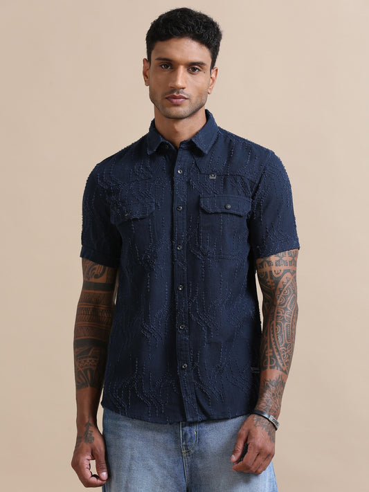 Denimverve Textured Navy Blue Solid Shirt For Men