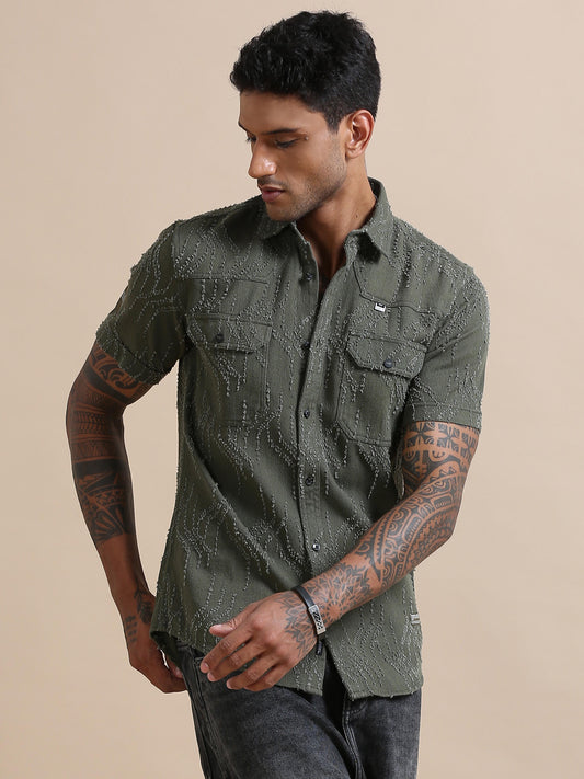 Denimverv Olive Green Solid Shirt For Men