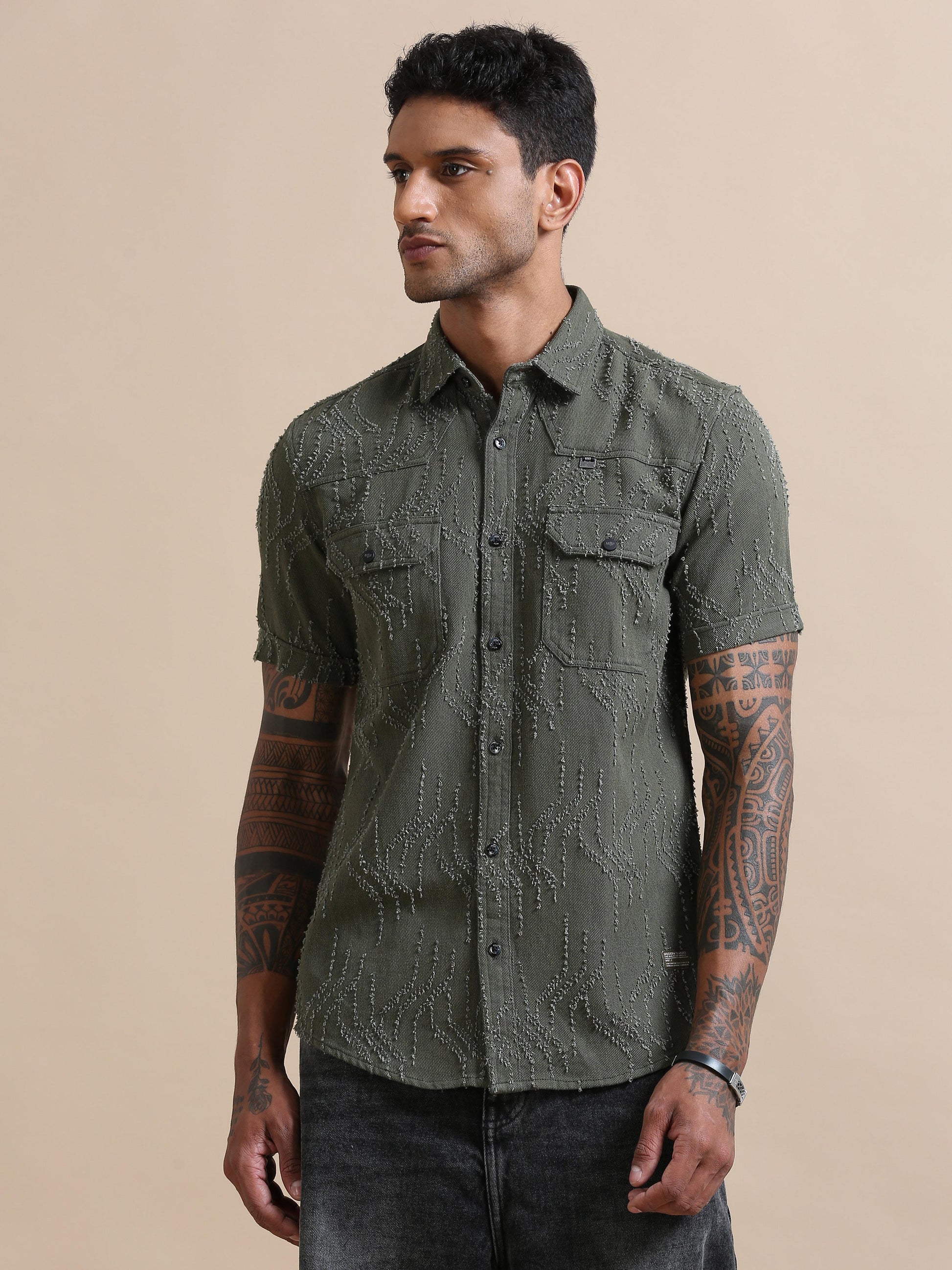 Denimverv Olive Green Solid Shirt For Men