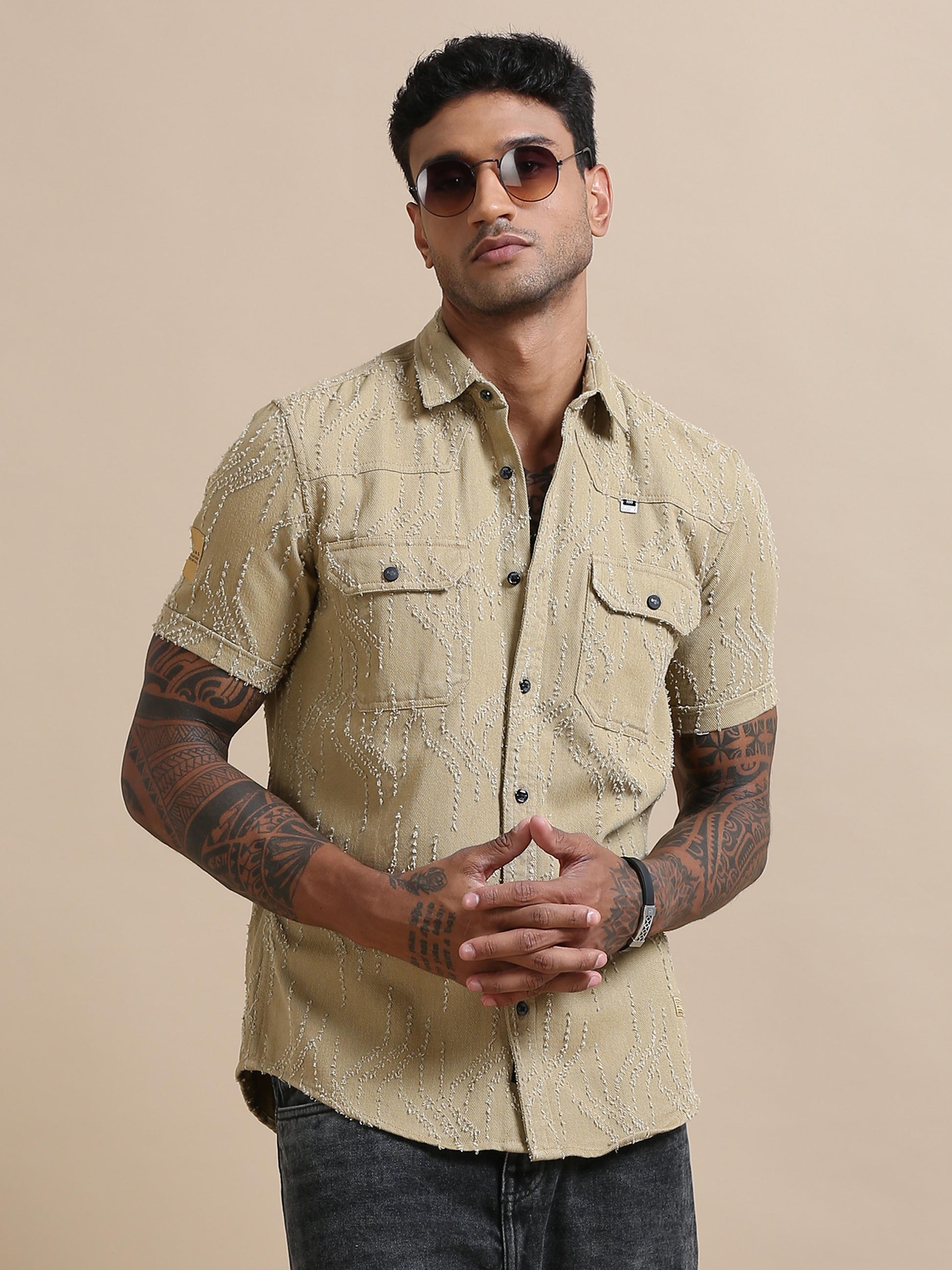 Denim Verve Solid Beige textured shirt for men