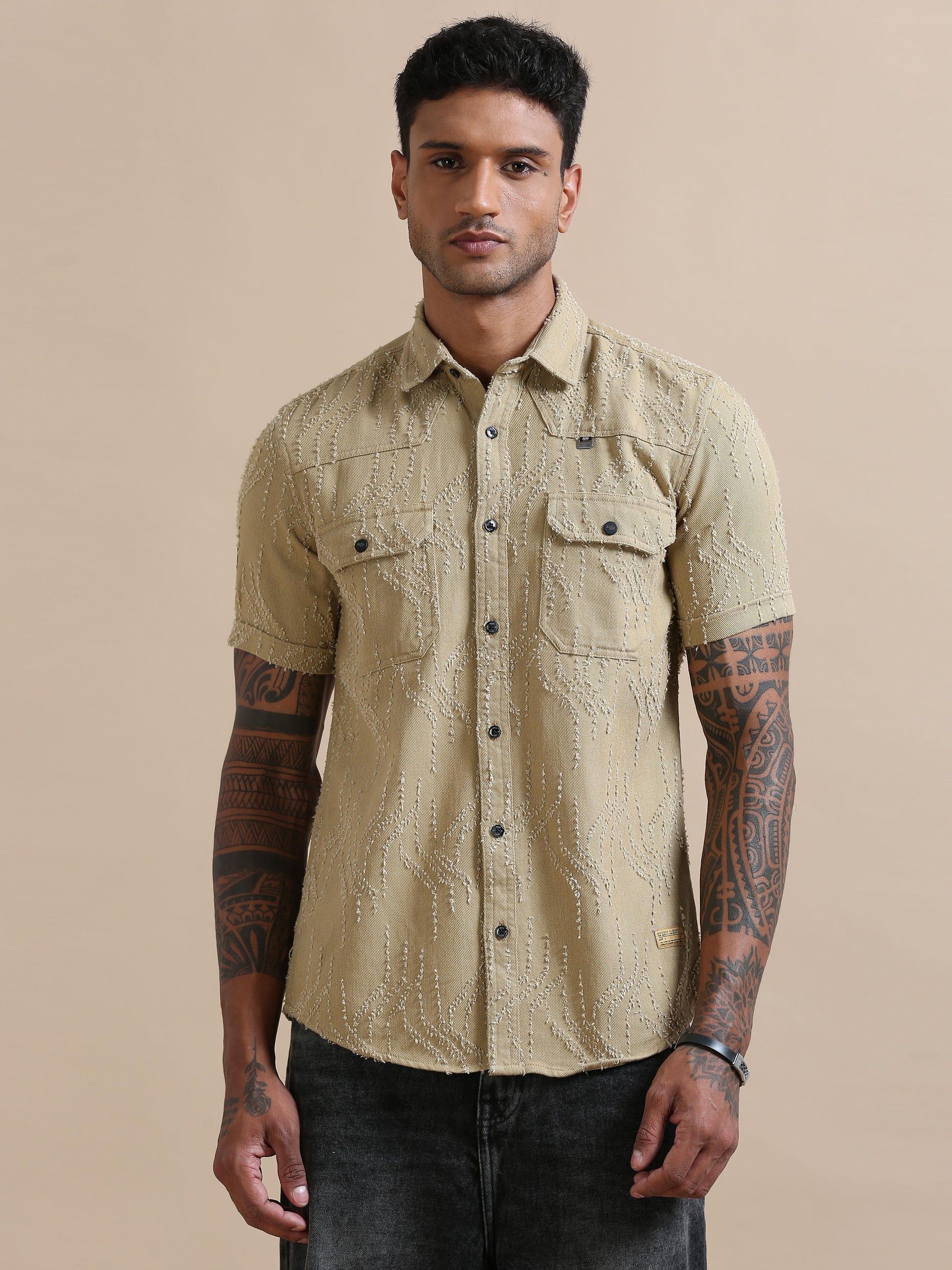 Denim Verve Solid Beige textured shirt for men