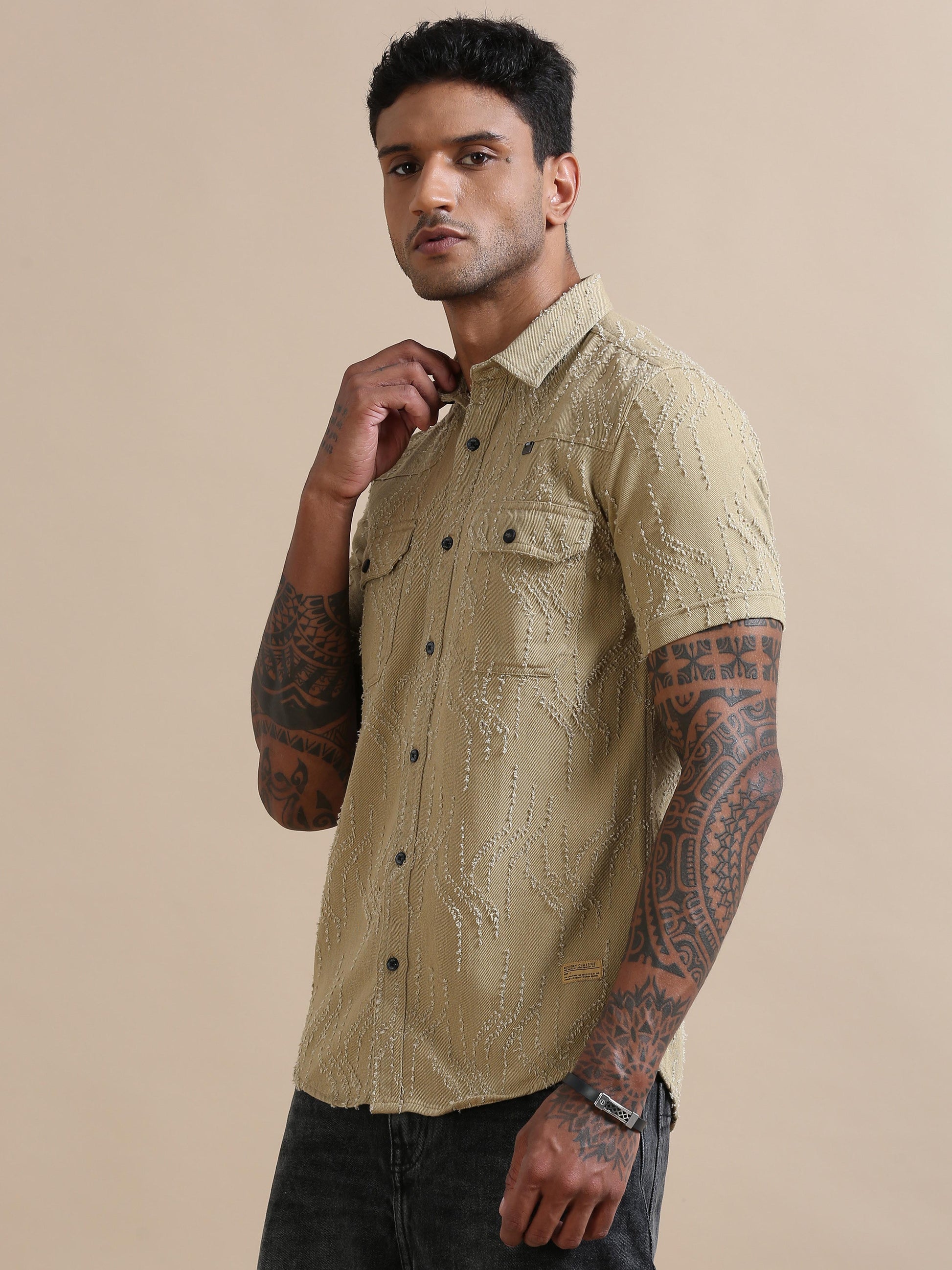 Denim Verve Solid Beige textured shirt for men