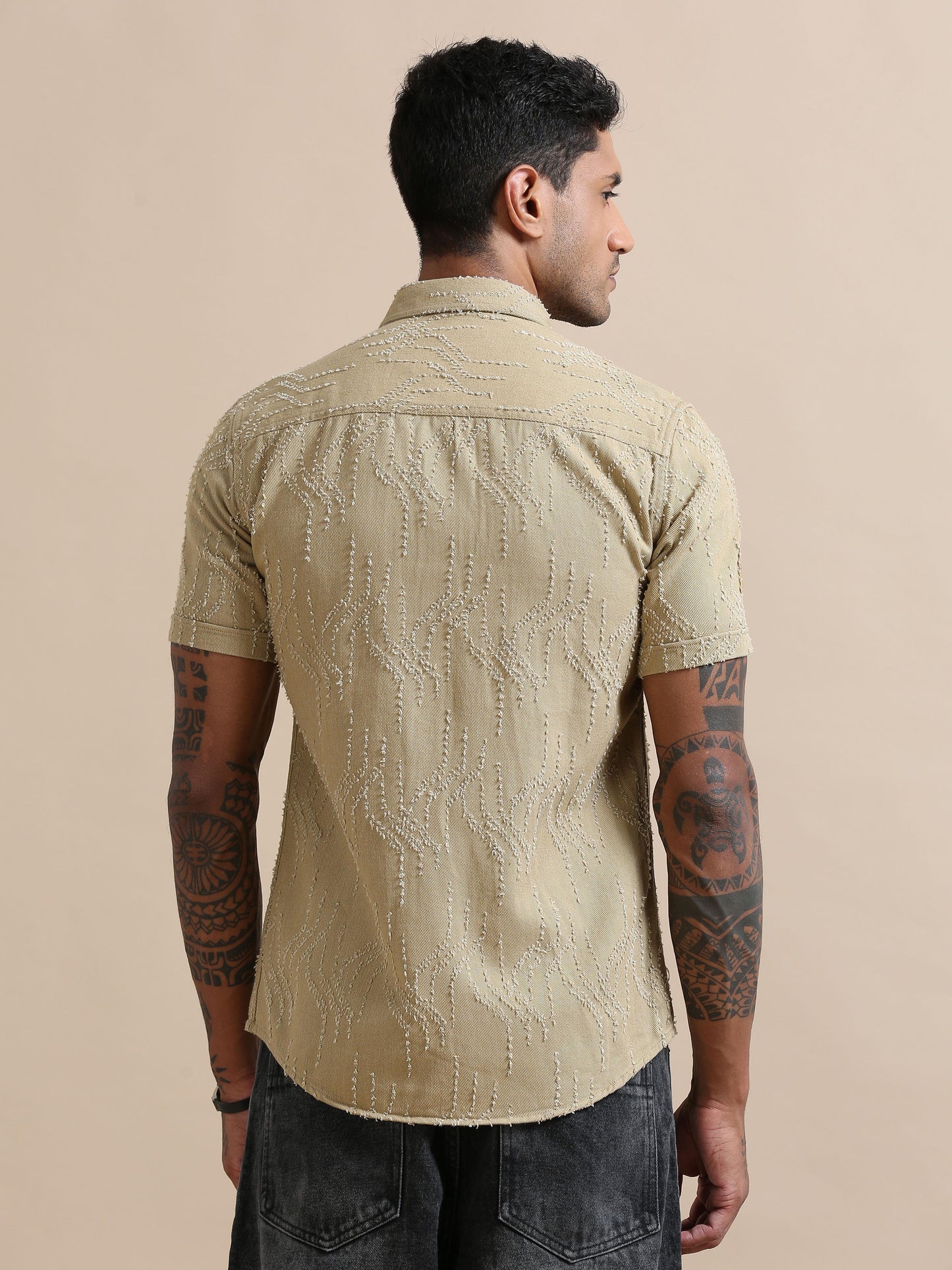 Denim Verve Solid Beige textured shirt for men