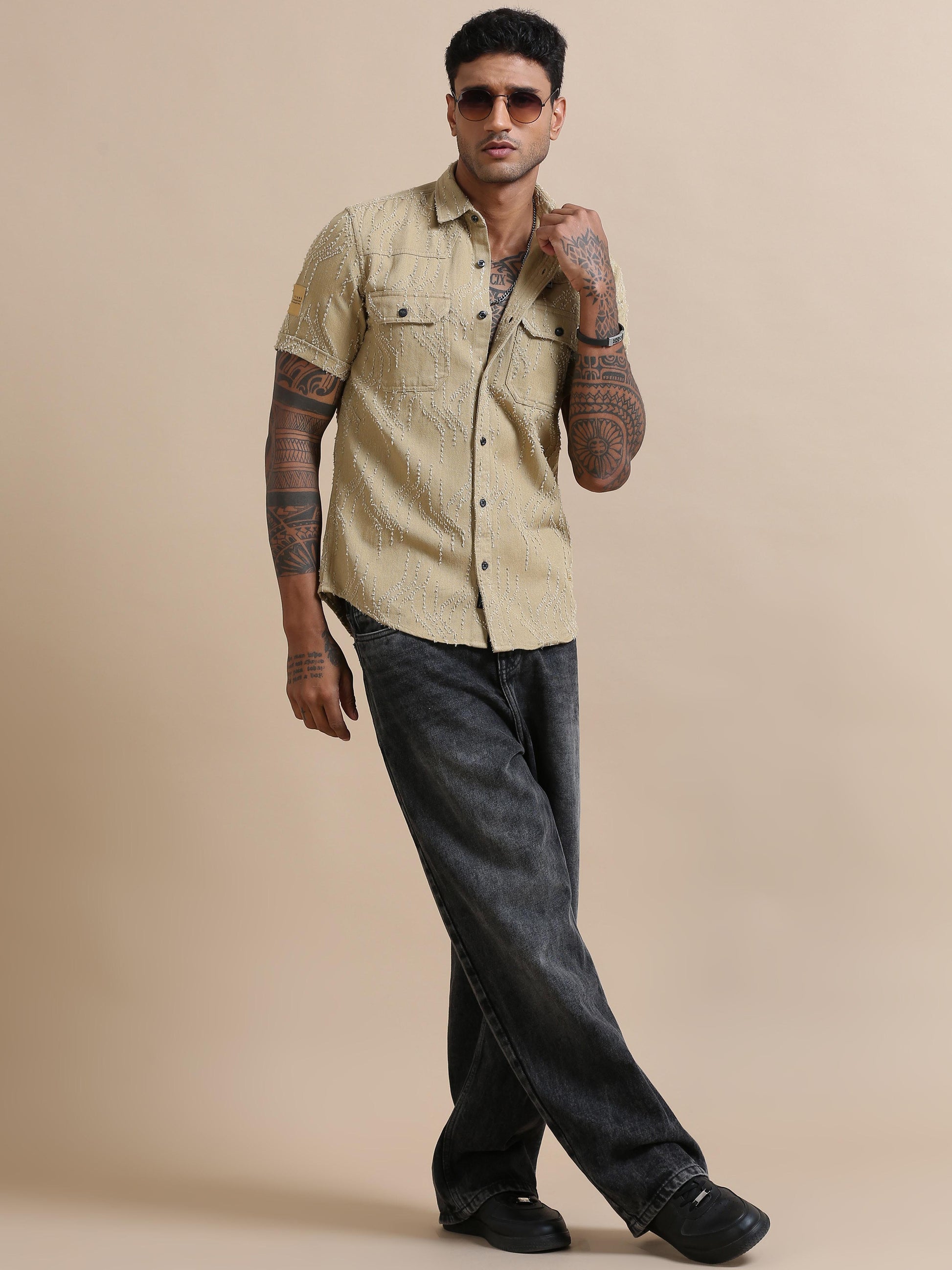 Denim Verve Solid Beige textured shirt for men