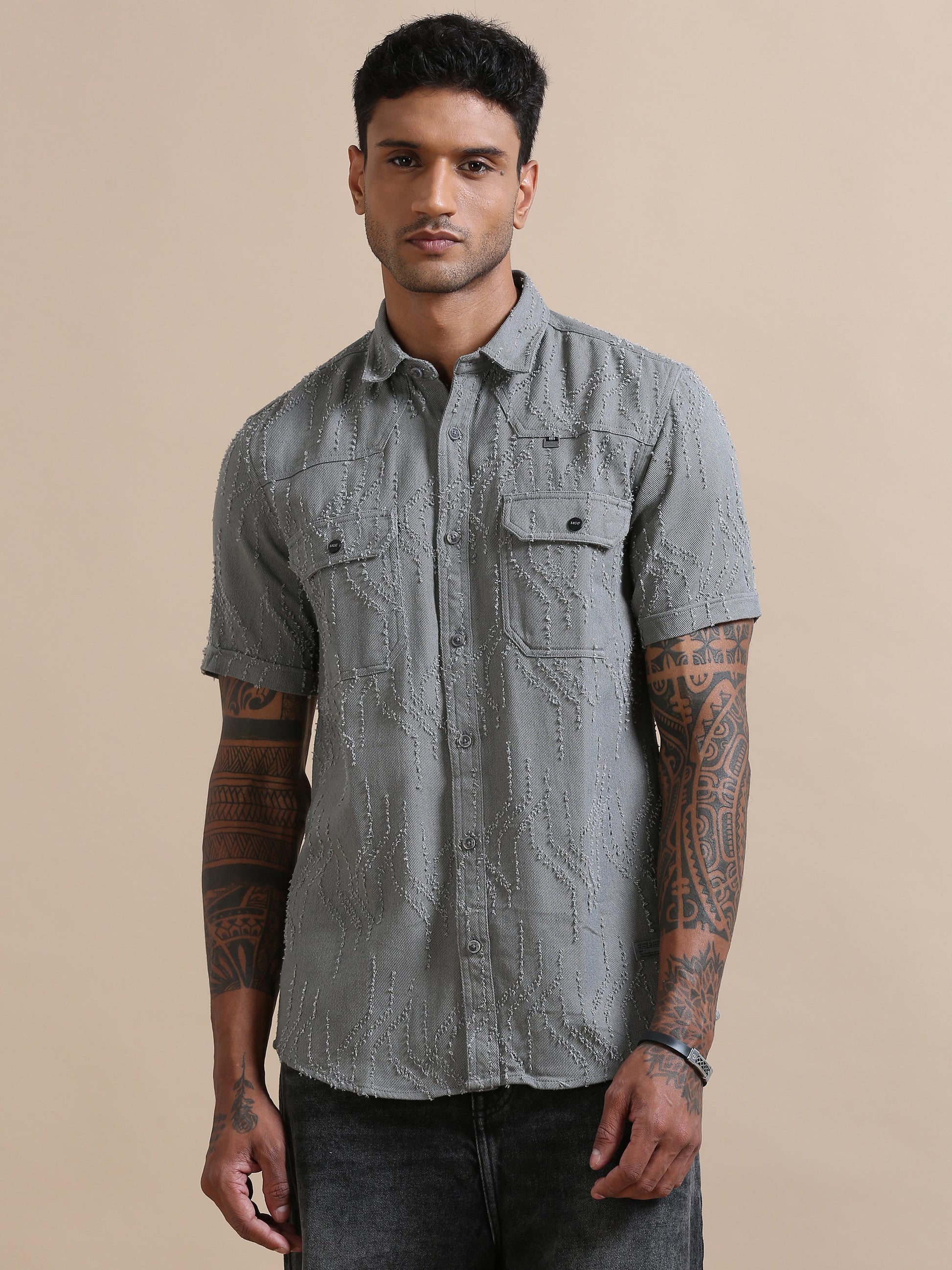  Denimverve Medium Light Solid Grey Shirt For Men