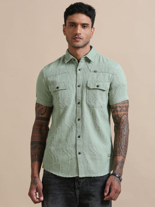 Denim Verve Pista Green Solid Textured Shirt