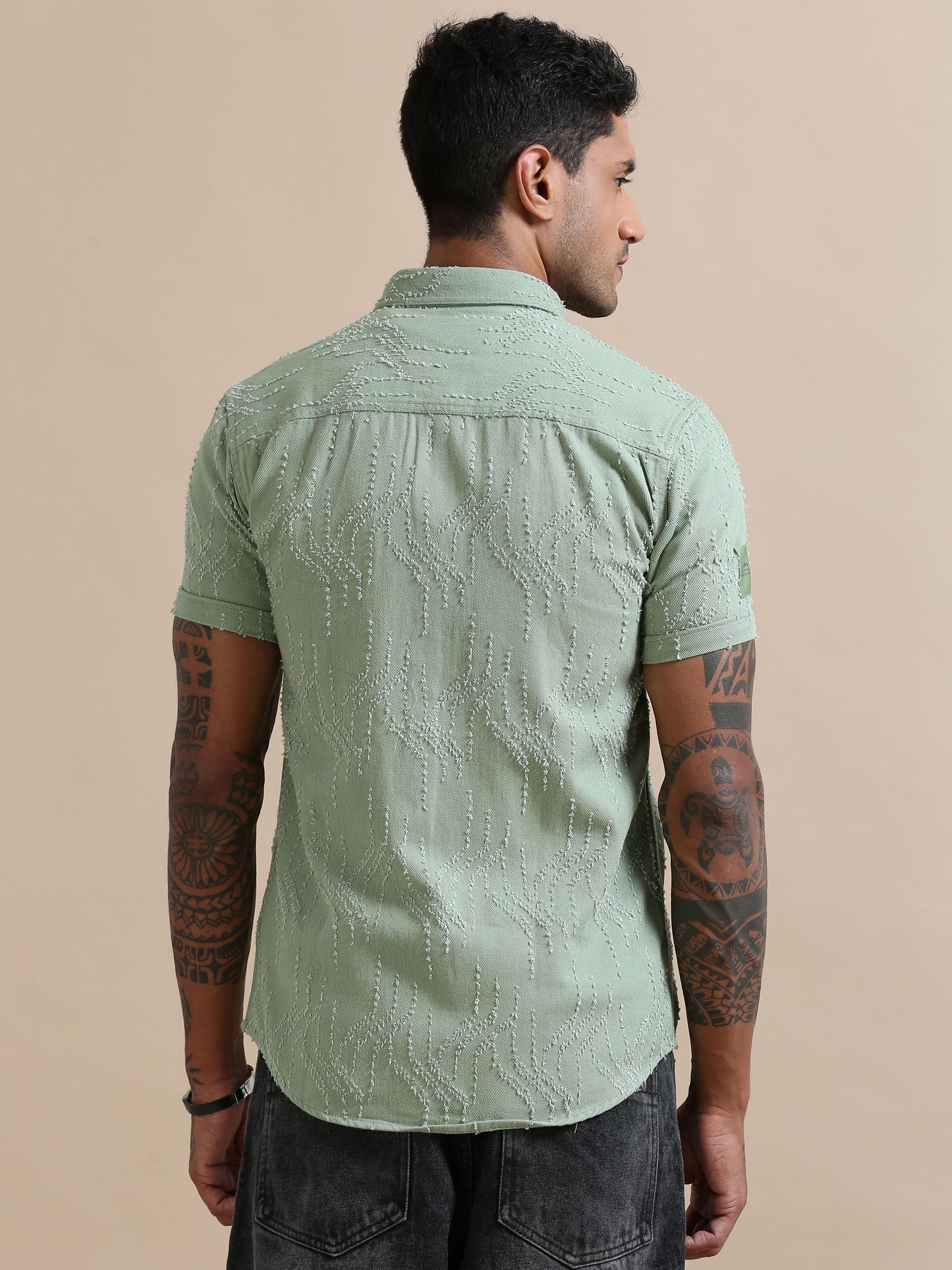 Denim Verve Pista Green Solid Textured Shirt