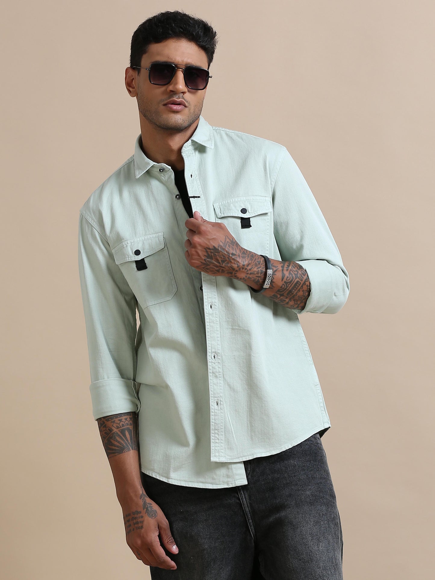 Rugged Light Pista Green Solid Denim Shirt for Men