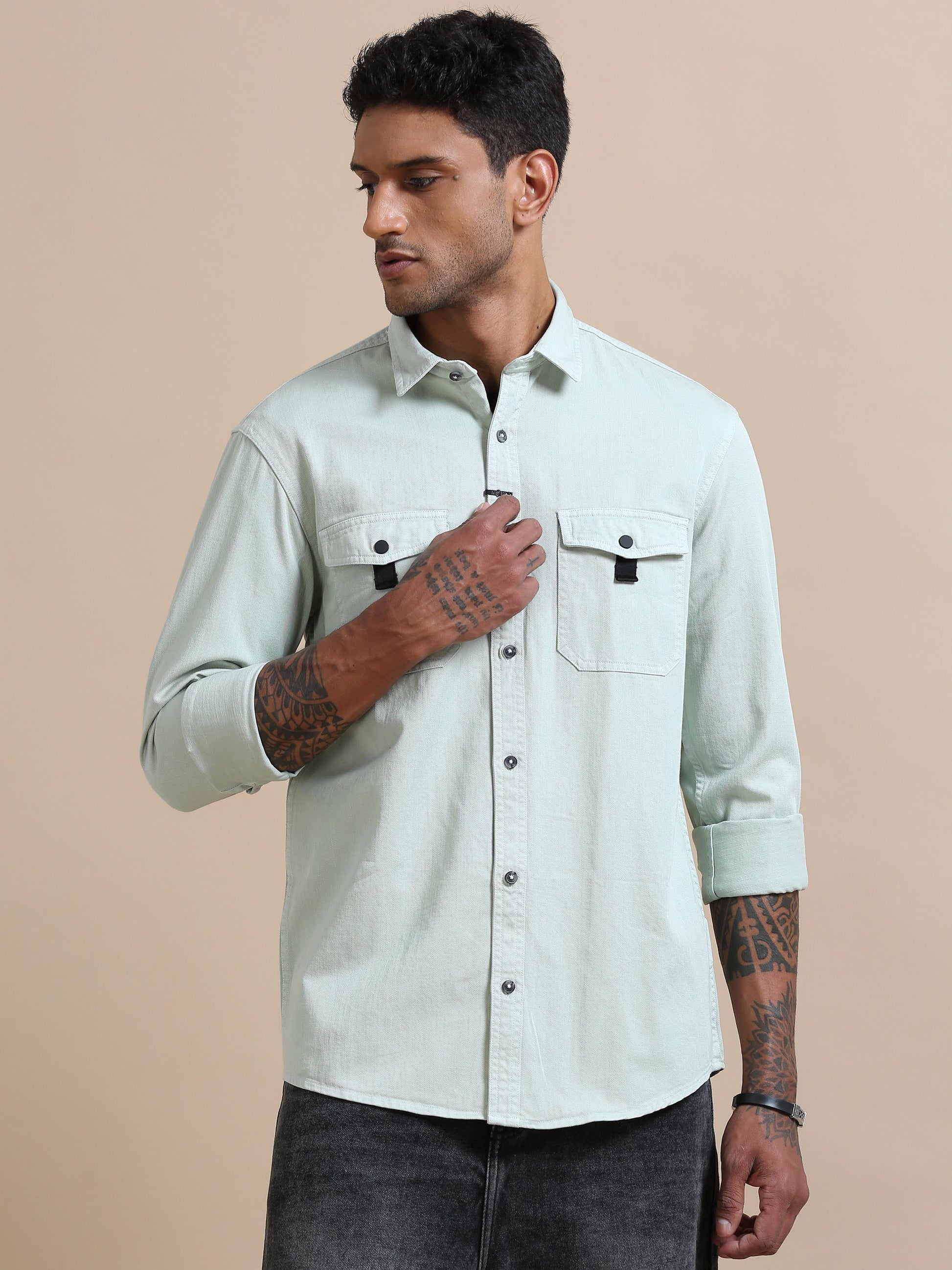 Rugged Light Pista Green Solid Denim Shirt for Men