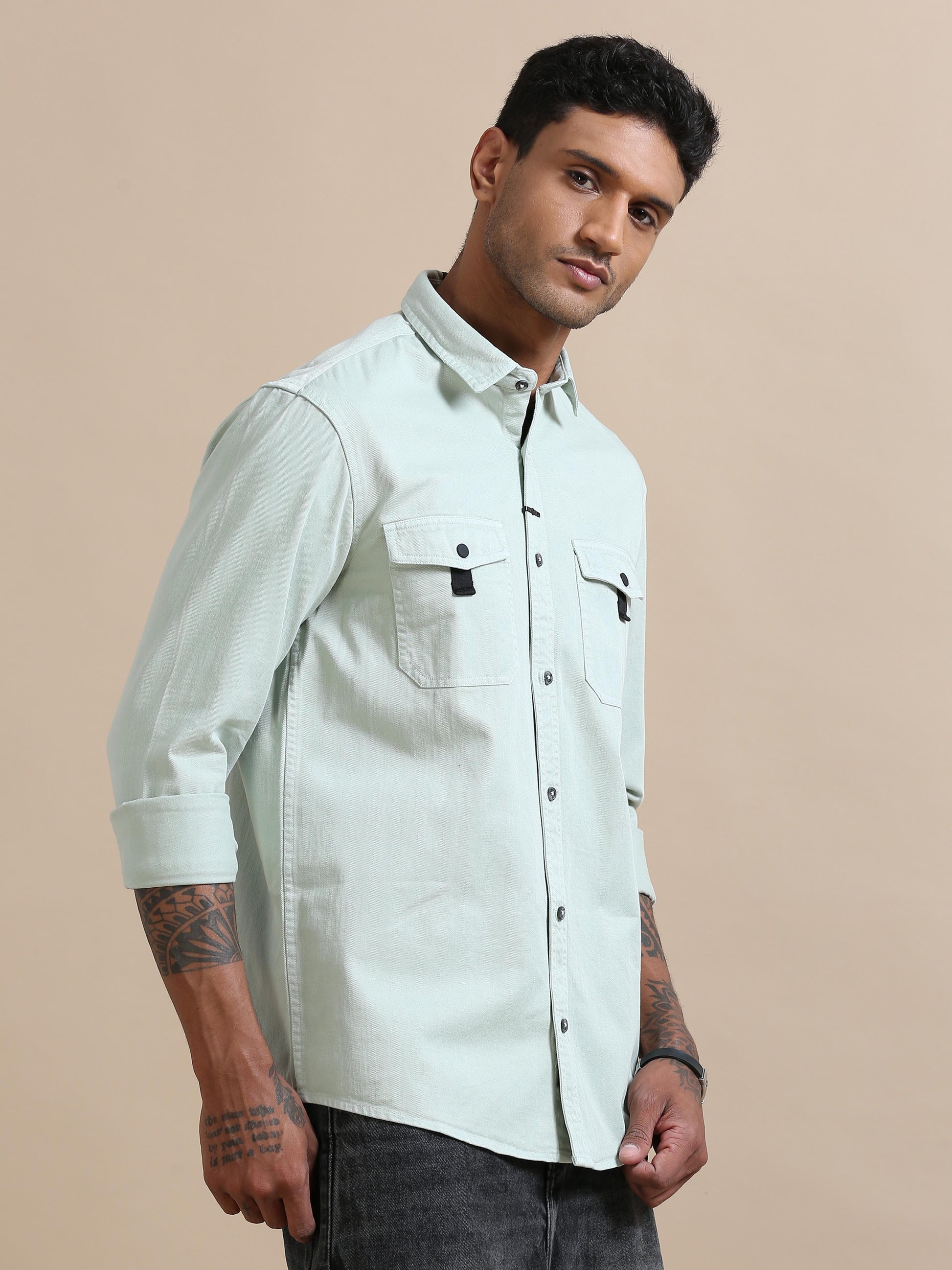 Rugged Light Pista Green Solid Denim Shirt for Men