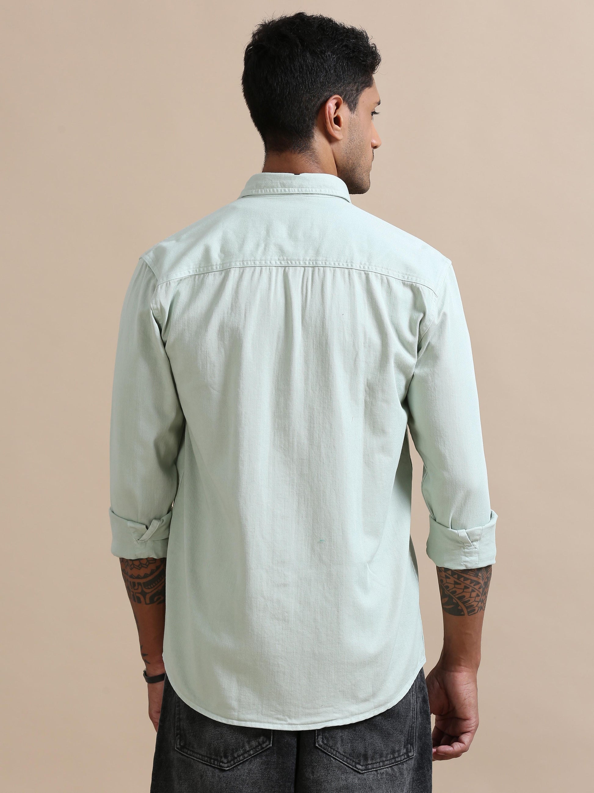 Rugged Light Pista Green Solid Denim Shirt for Men