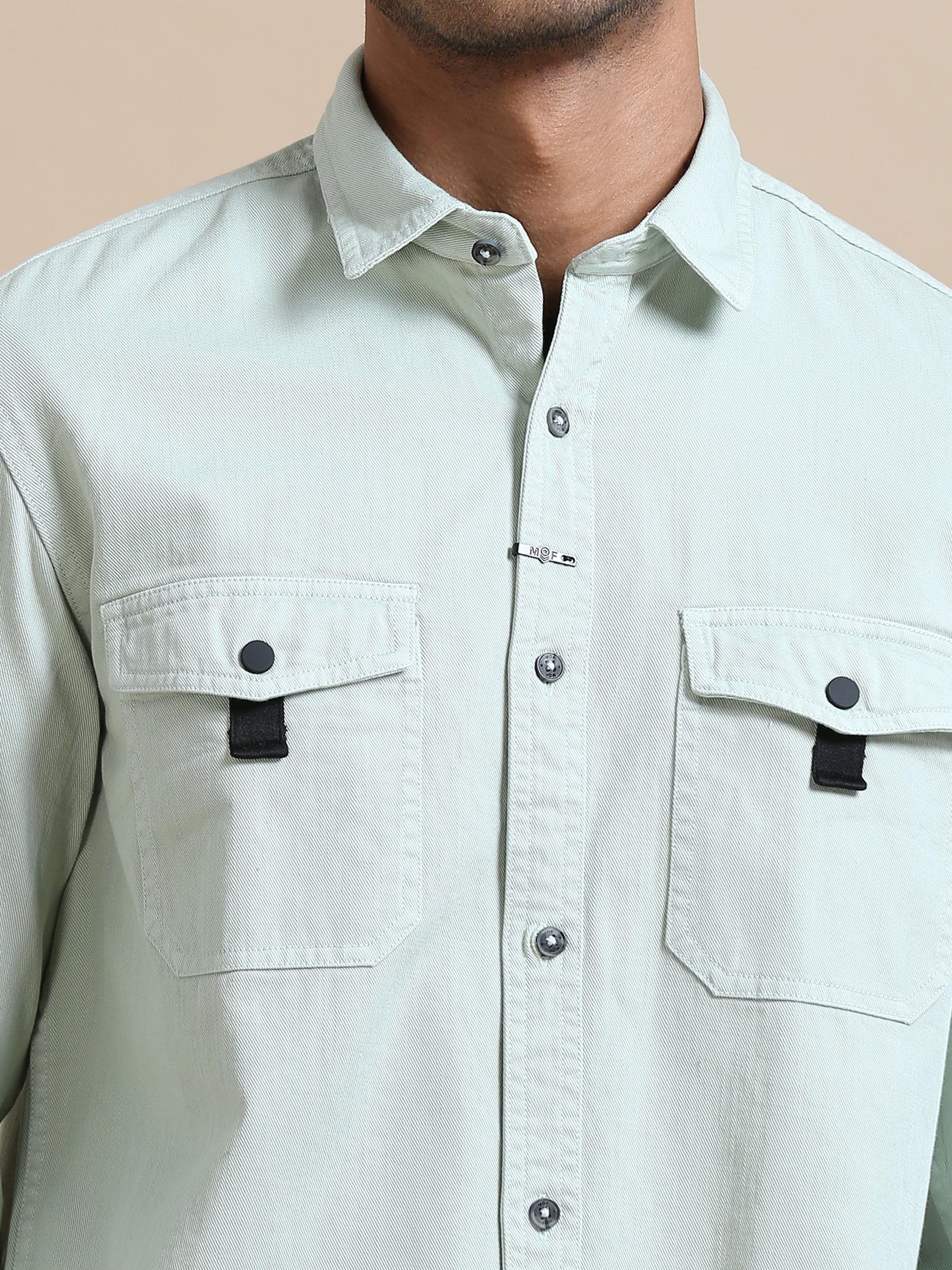 Rugged Light Pista Green Solid Denim Shirt for Men