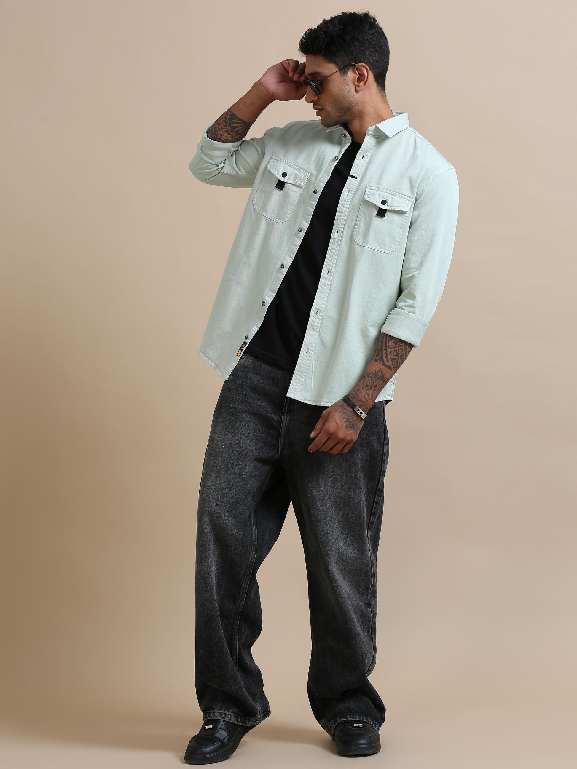 Rugged Light Pista Green Solid Denim Shirt for Men