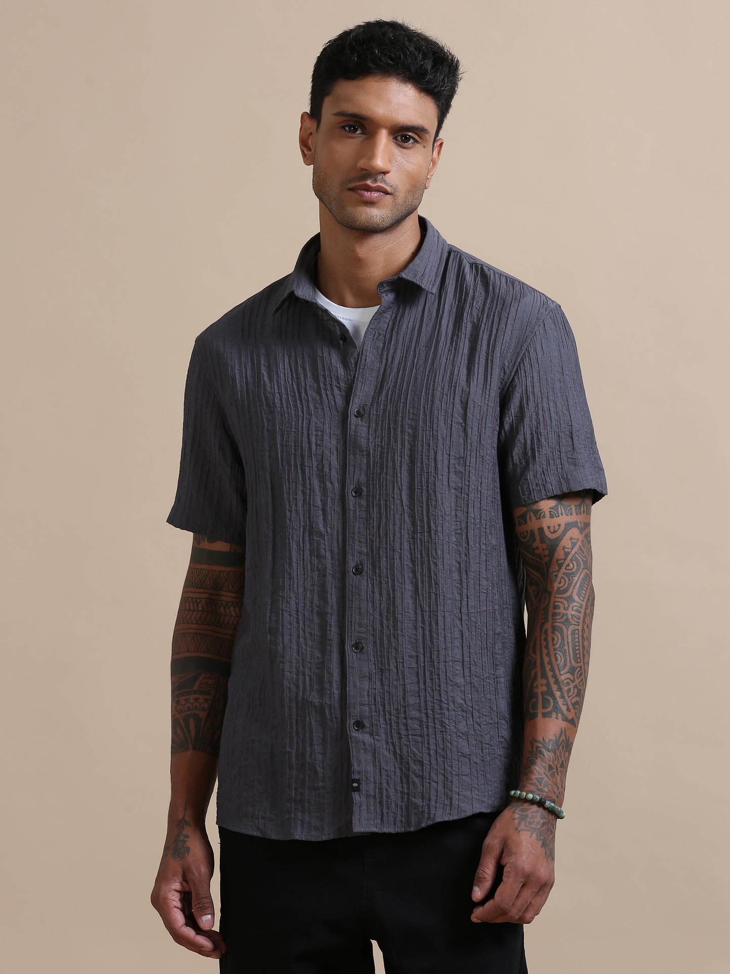 Ripple Ridge Dark Grey Solid Shirt For Men 