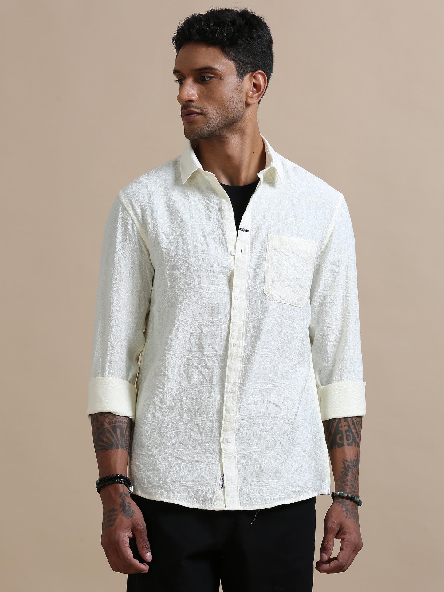 Chillax Cream Self Embroidered Shirt For Men