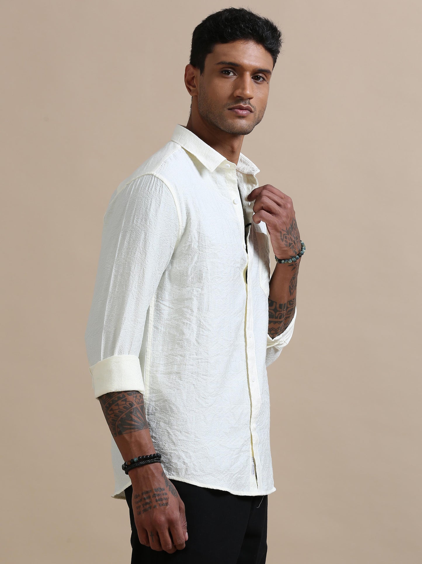 Chillax Cream Self Embroidered Shirt For Men