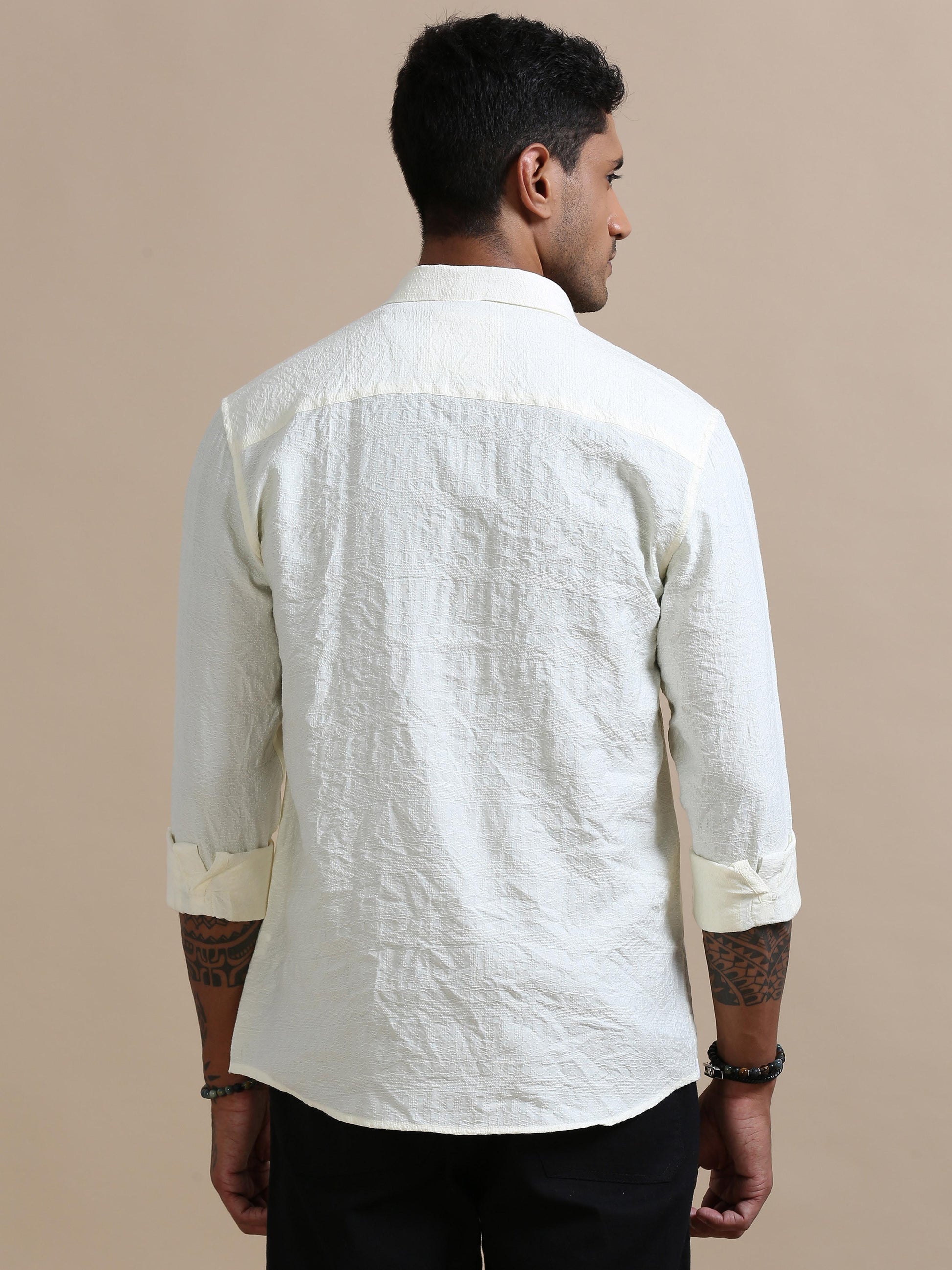 Chillax Cream Self Embroidered Shirt For Men