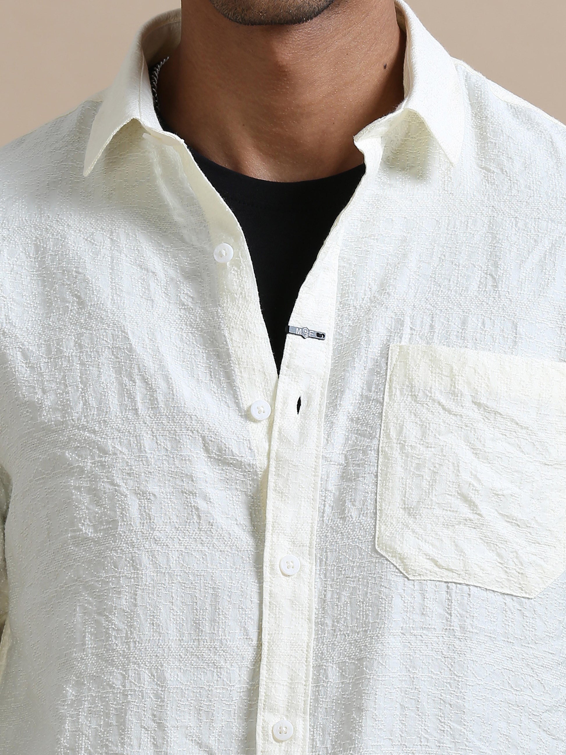 Chillax Cream Self Embroidered Shirt For Men