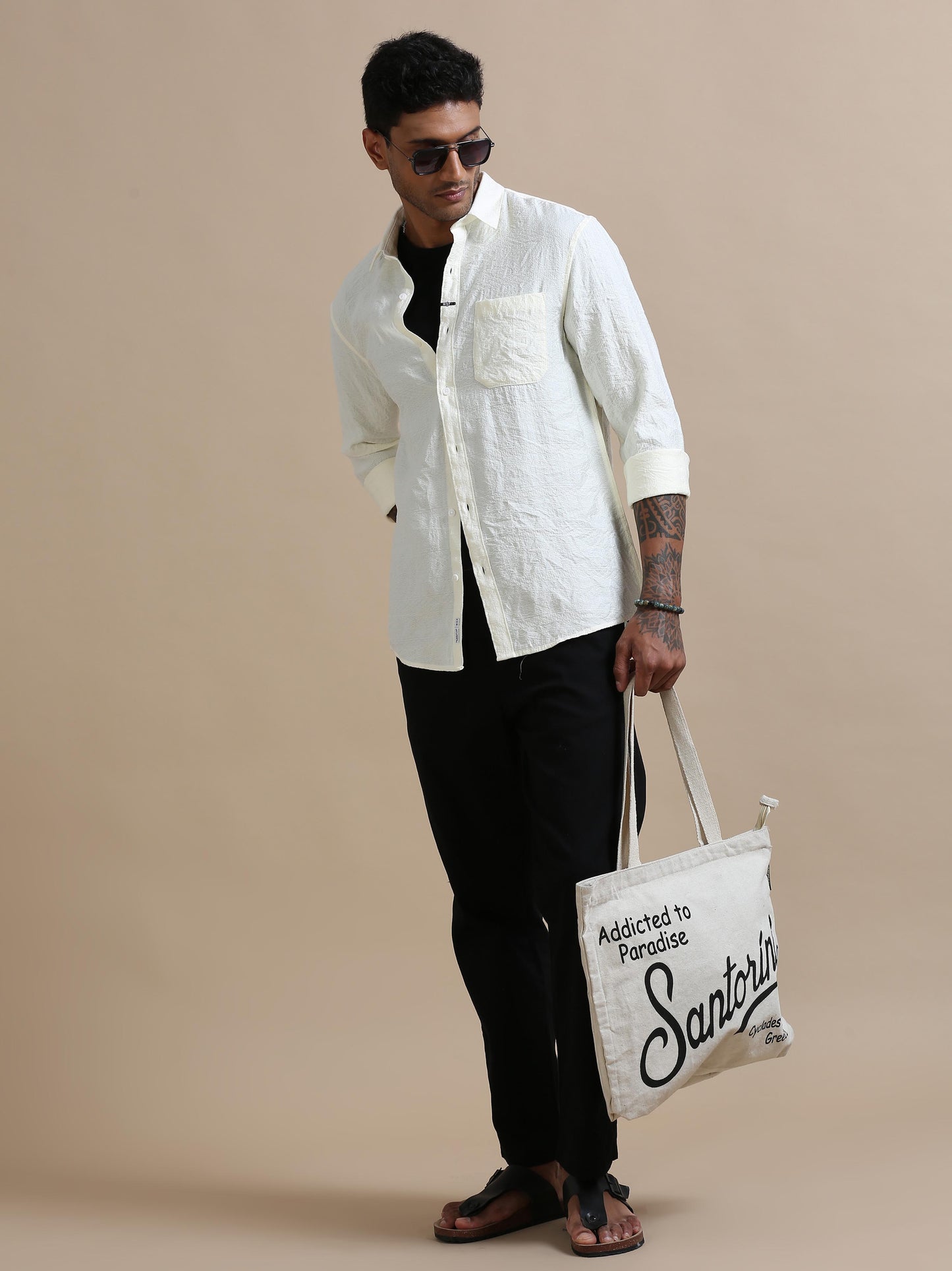 Chillax Cream Self Embroidered Shirt For Men