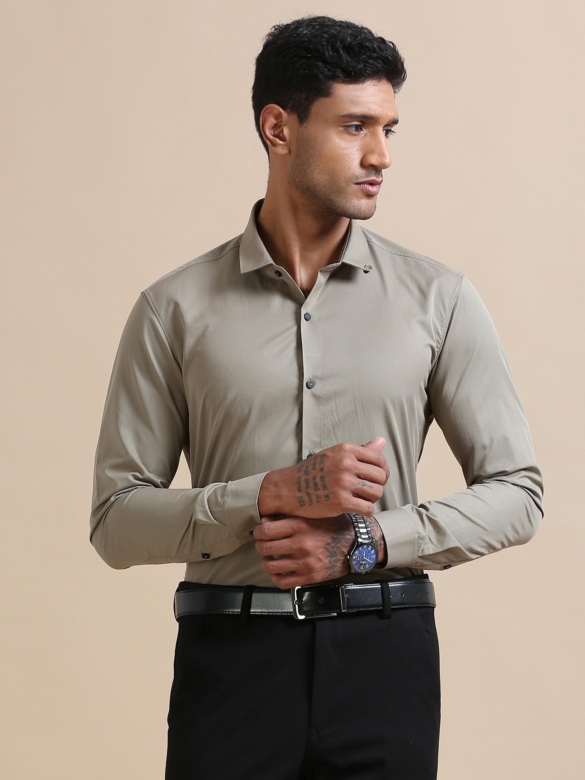 Celestia Olive grey solid shirt for men 