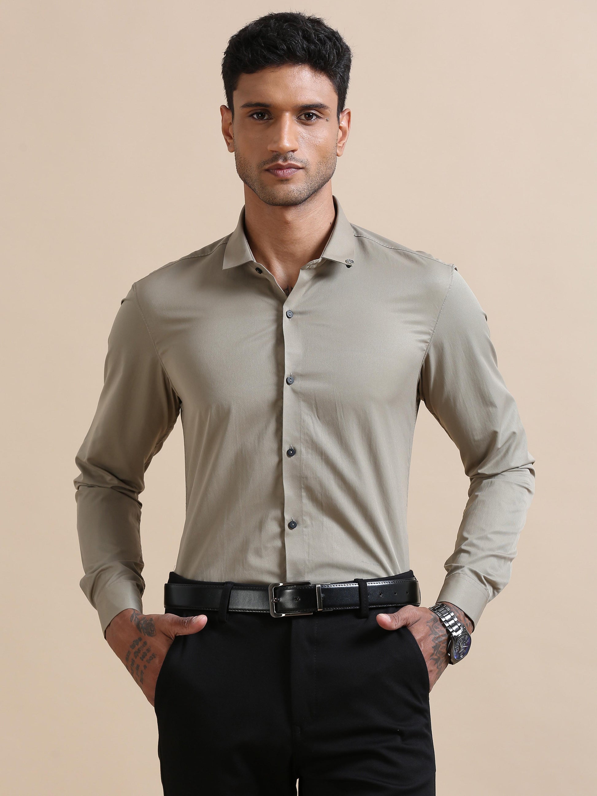 Celestia Olive grey solid shirt for men 