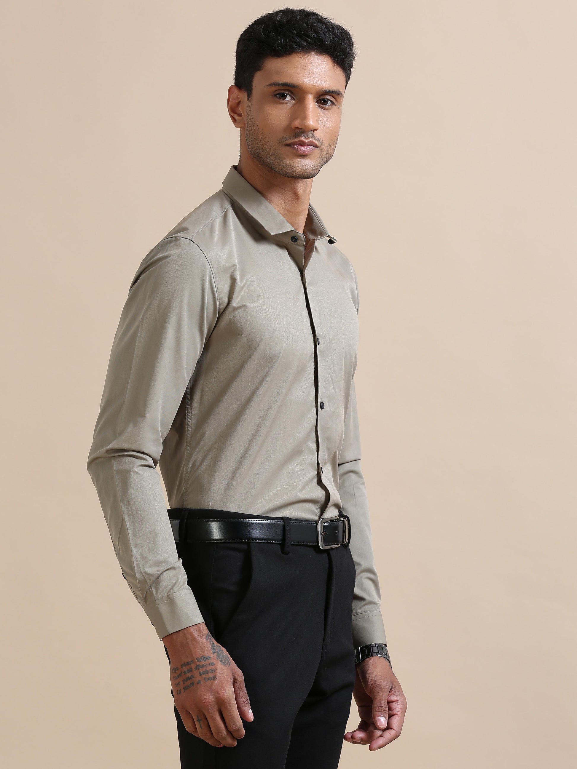 Celestia Olive grey solid shirt for men 