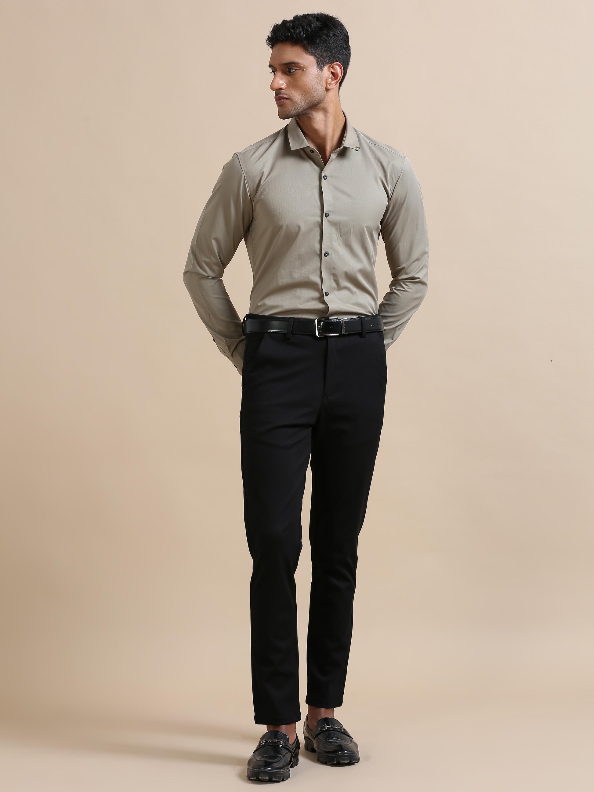 Celestia Olive grey solid shirt for men 