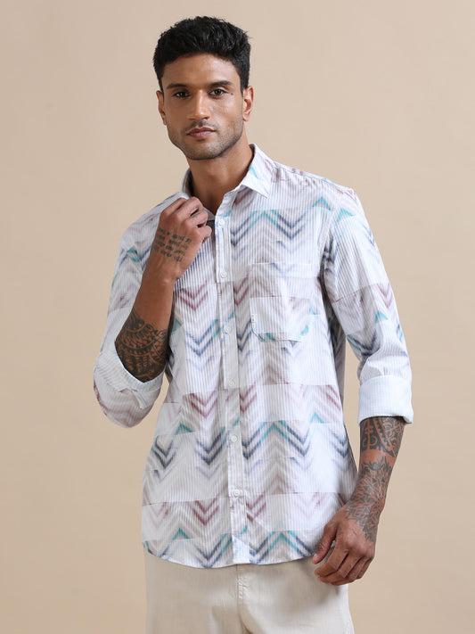 Zigzag Off White Textured Print Shirt for Men