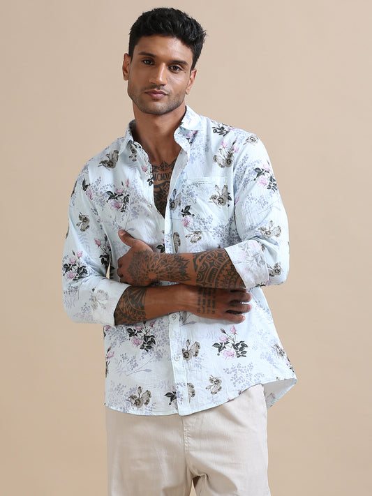 Mandarin Sun Bright White Pink Floral Printed Shirt