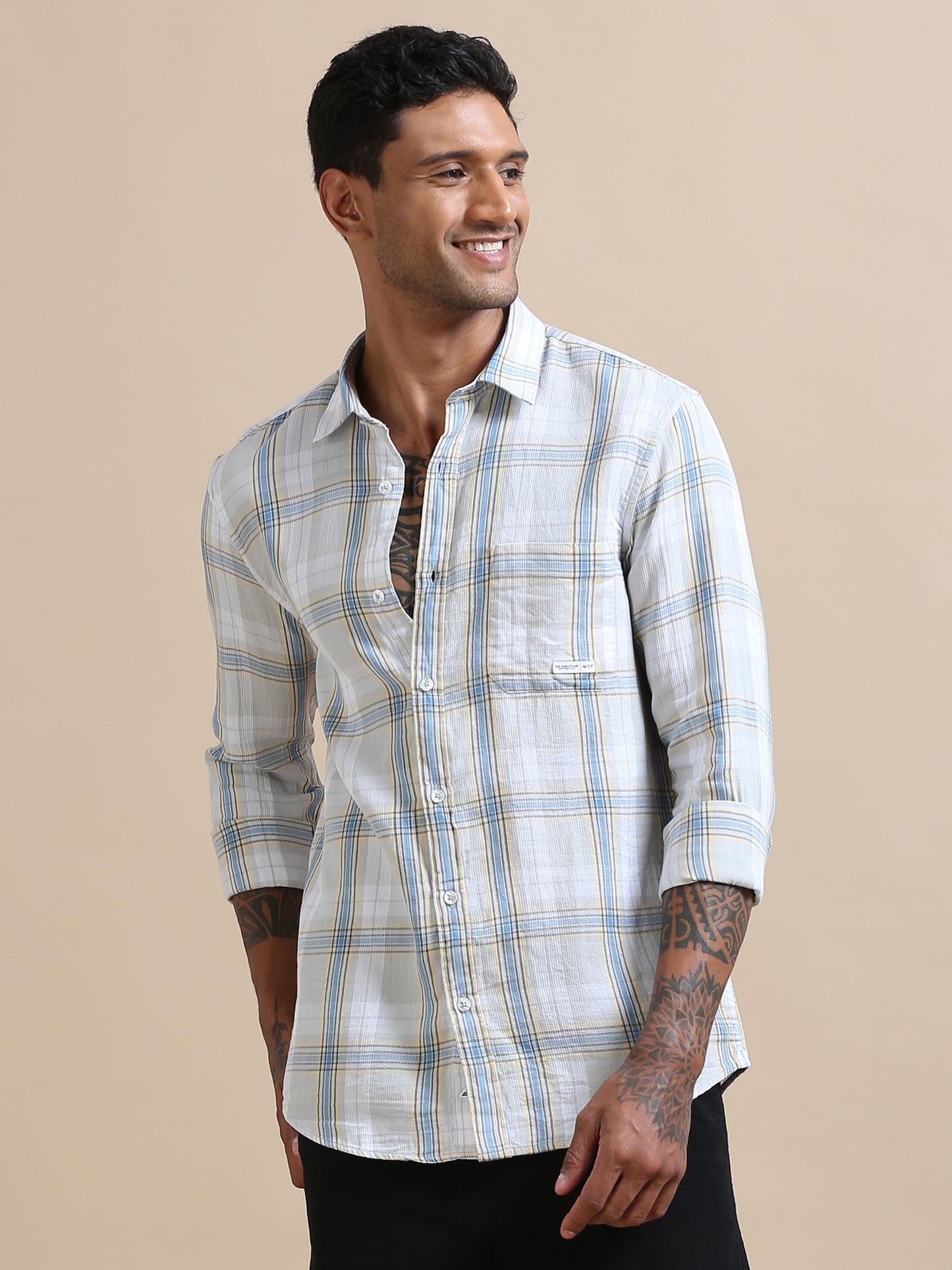  Plaidorama Off white and blue checks shirt For Men